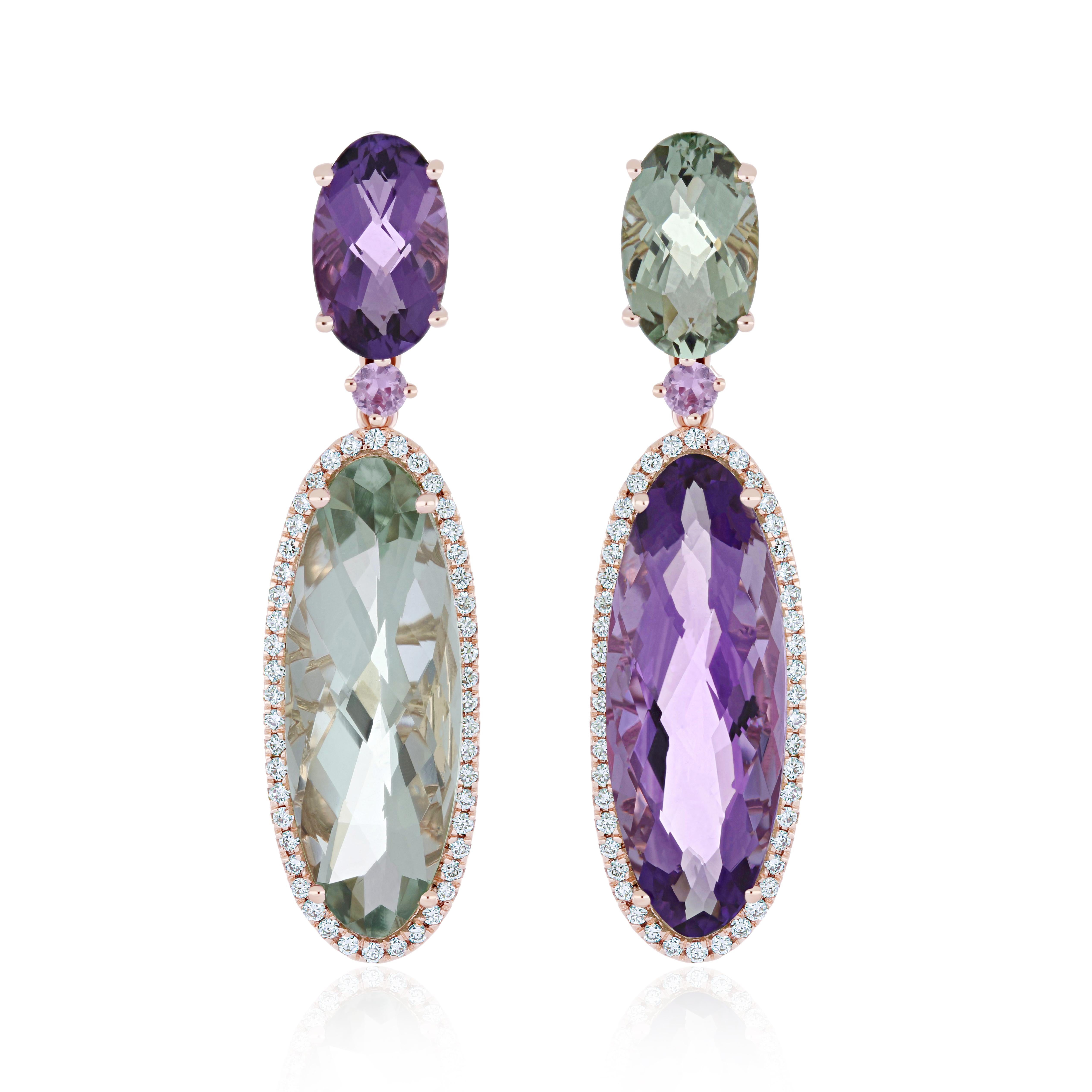 Amethyst, Mint Quartz, Pink Sapphire & Diamond Earring in 14k Rose Gold Earring In New Condition For Sale In JAIPUR, IN