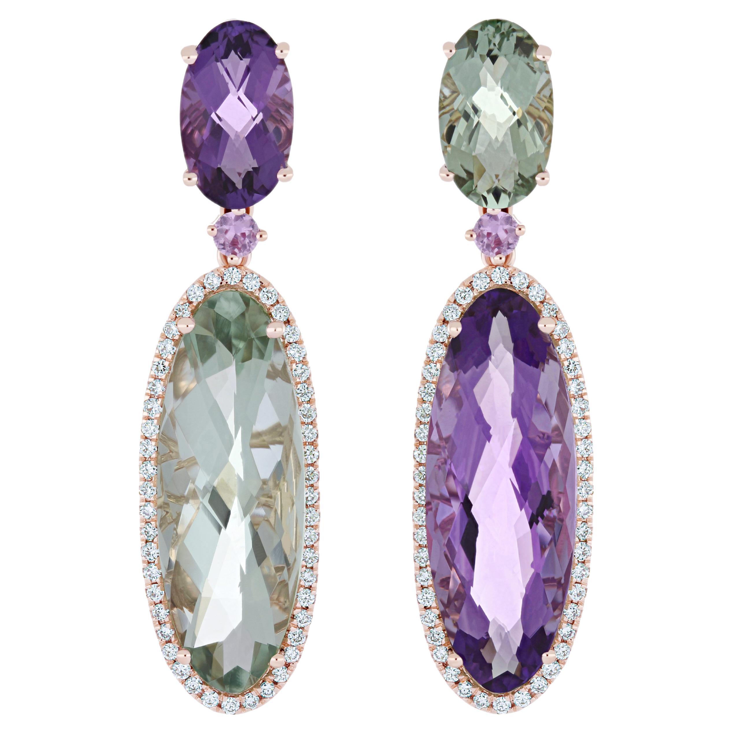 Amethyst, Mint Quartz, Pink Sapphire & Diamond Earring in 14k Rose Gold Earring