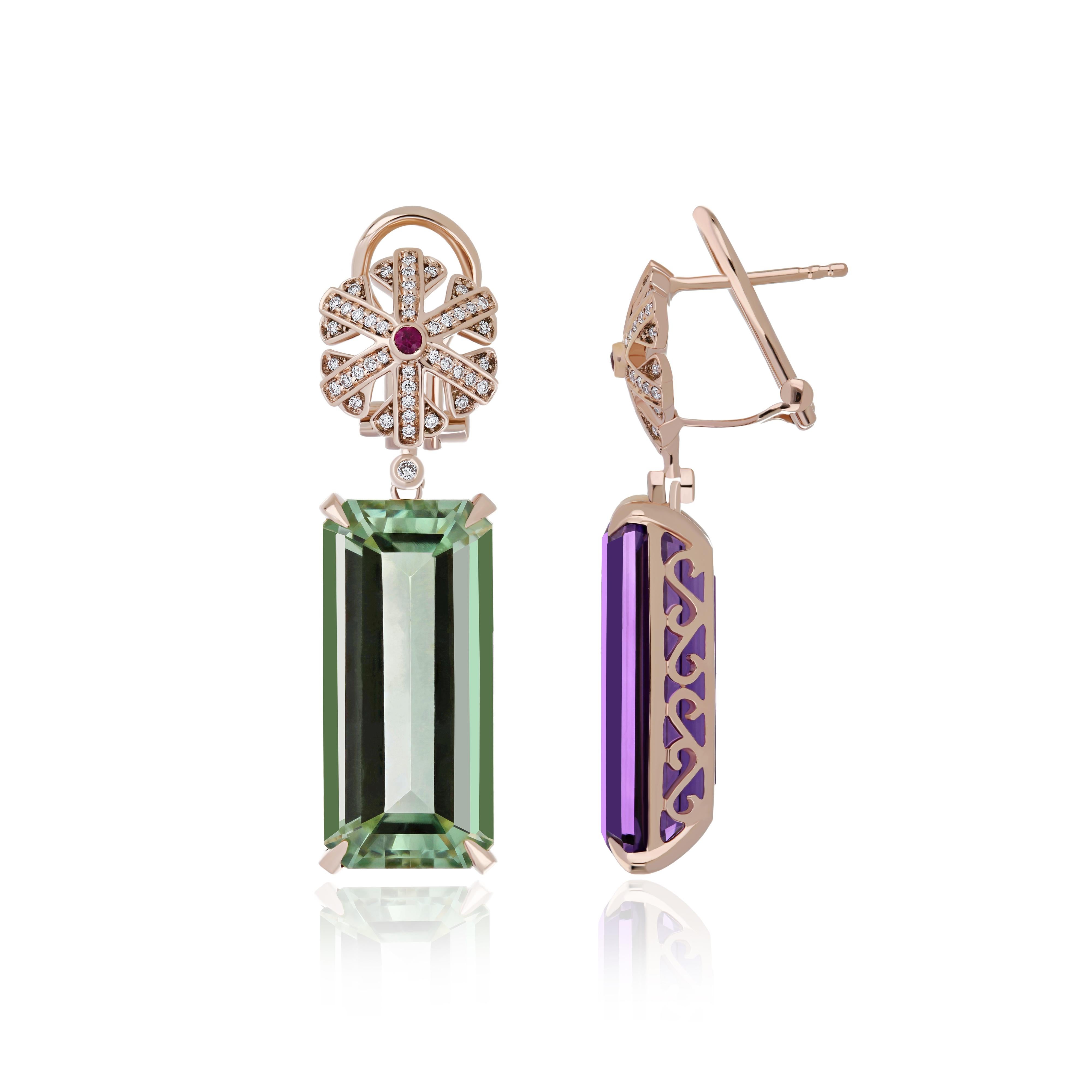 Elegant and Exquisitely Detailed Mismatched pair of  14Karat Rose Gold Earring set with Octagon Cut Mint Quartz weighing approx.12.05Cts & Octagon Cut Amethyst weighing approx. 11.21Cts, Accented with contrasting Ruby, weighing approx., 0.05Cts and