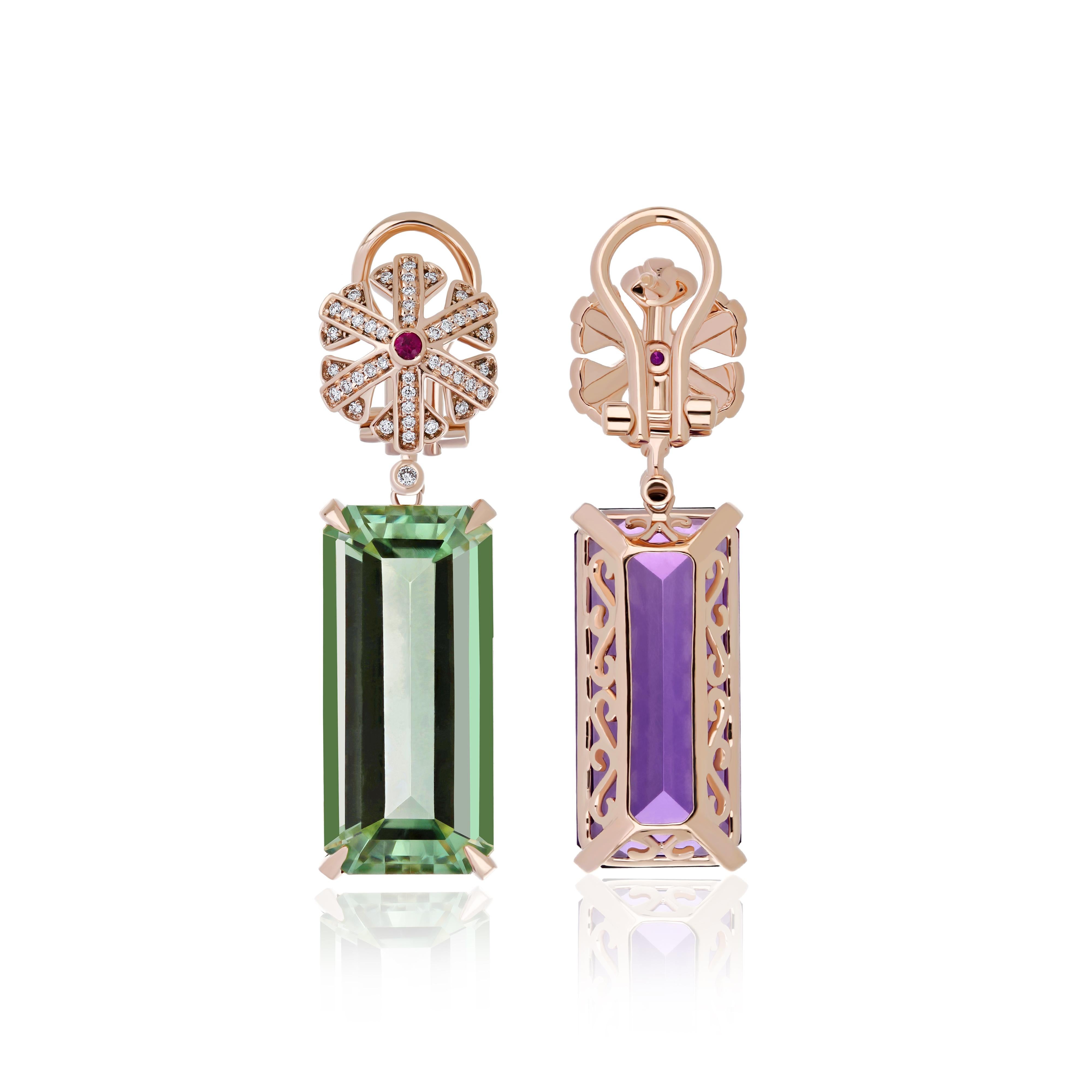 Octagon Cut Amethyst, Mint Quartz, Ruby & Diamond Earring in 14 Karat Rose Gold Drop Earring For Sale