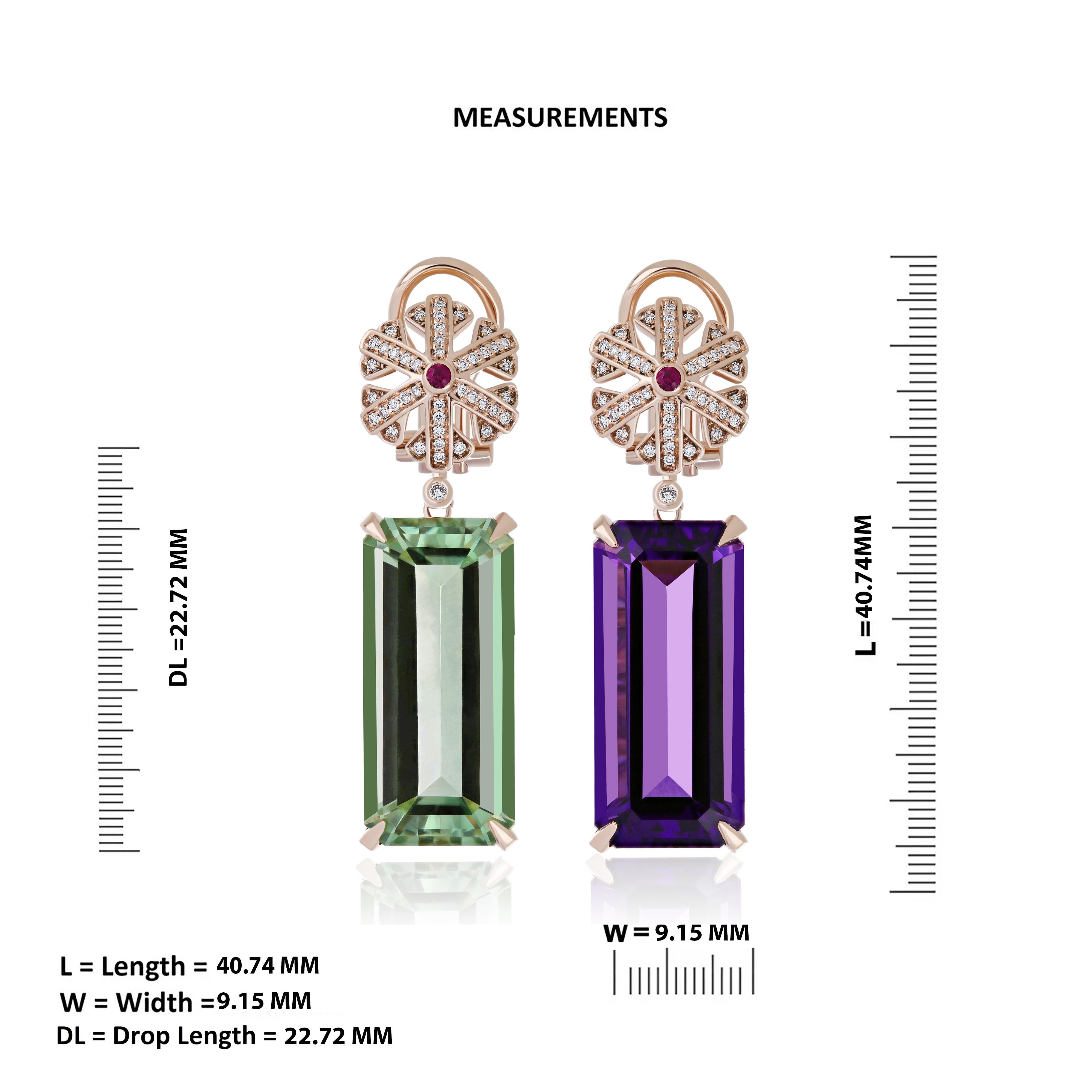 Amethyst, Mint Quartz, Ruby & Diamond Earring in 14 Karat Rose Gold Drop Earring In New Condition For Sale In JAIPUR, IN