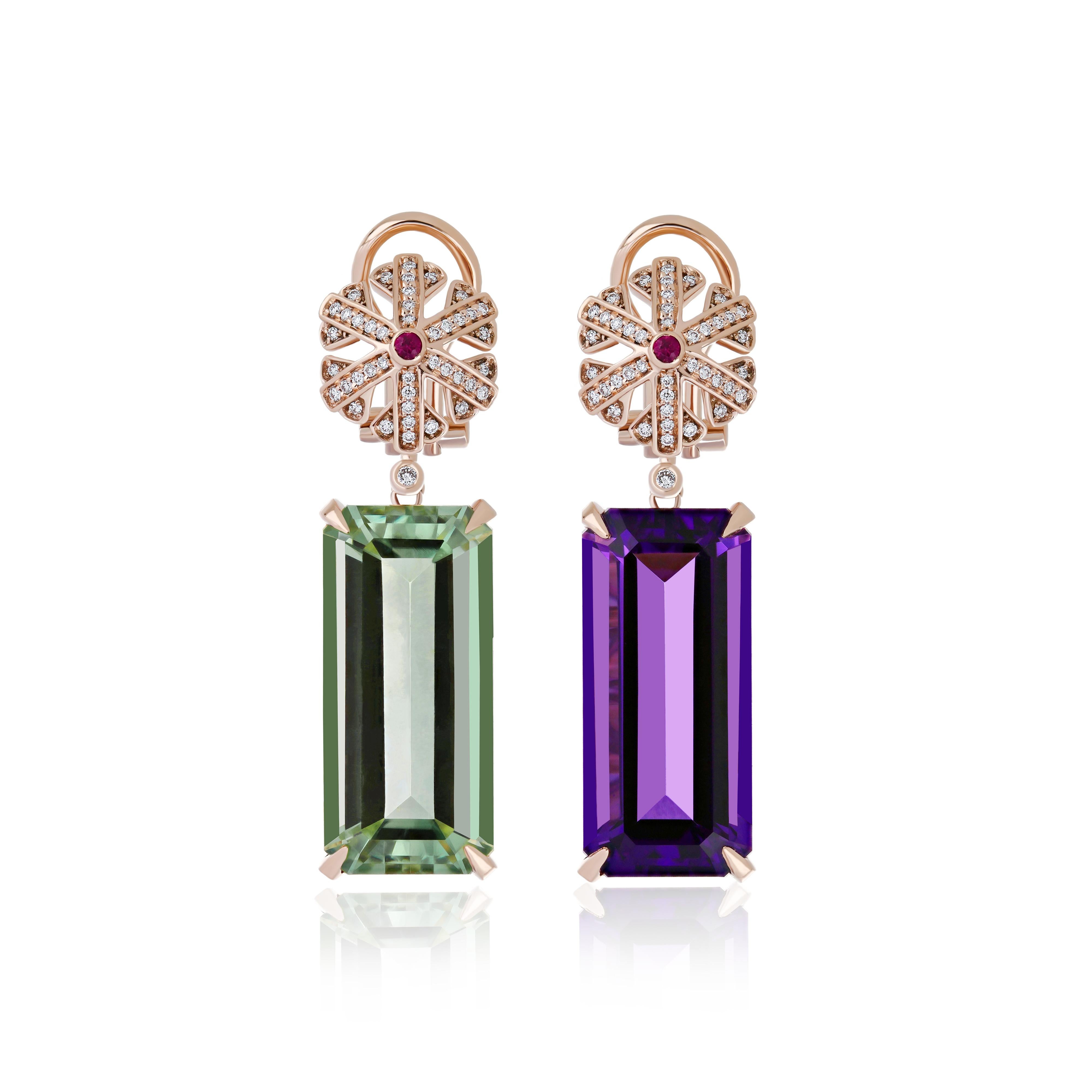 Women's Amethyst, Mint Quartz, Ruby & Diamond Earring in 14 Karat Rose Gold Drop Earring For Sale
