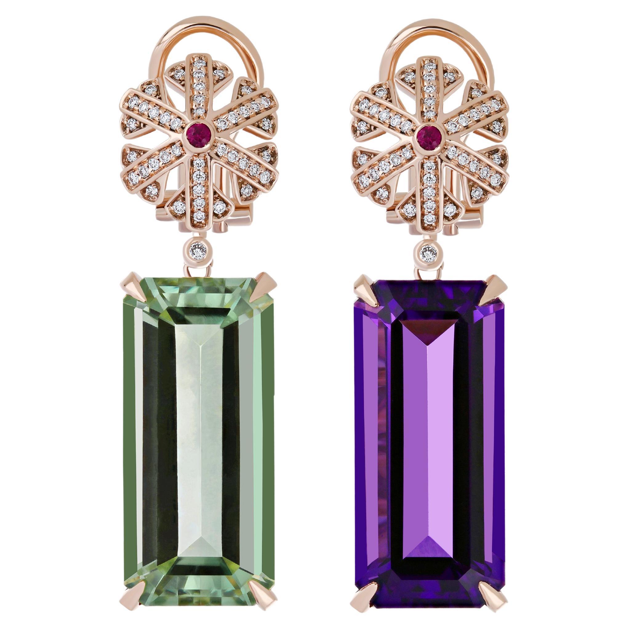 Boucles d'oreilles en goutte en or rose 14 carats, améthyste, quartz menthe, rubis et diamant