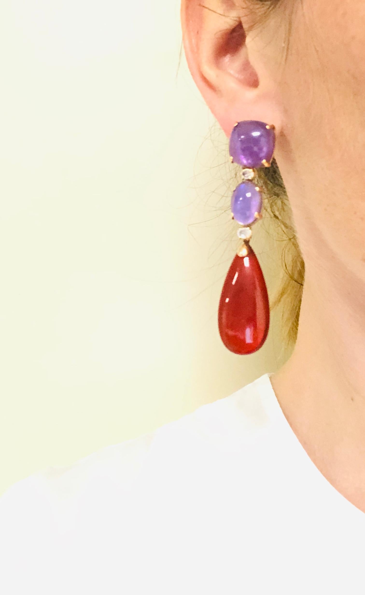 Amethyst, Moonstones, Red Agathe on Pink Gold 18 Karat Chandelier Earrings 4