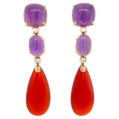 Amethyst, Moonstones, Red Agathe on Pink Gold 18 Karat Chandelier Earrings