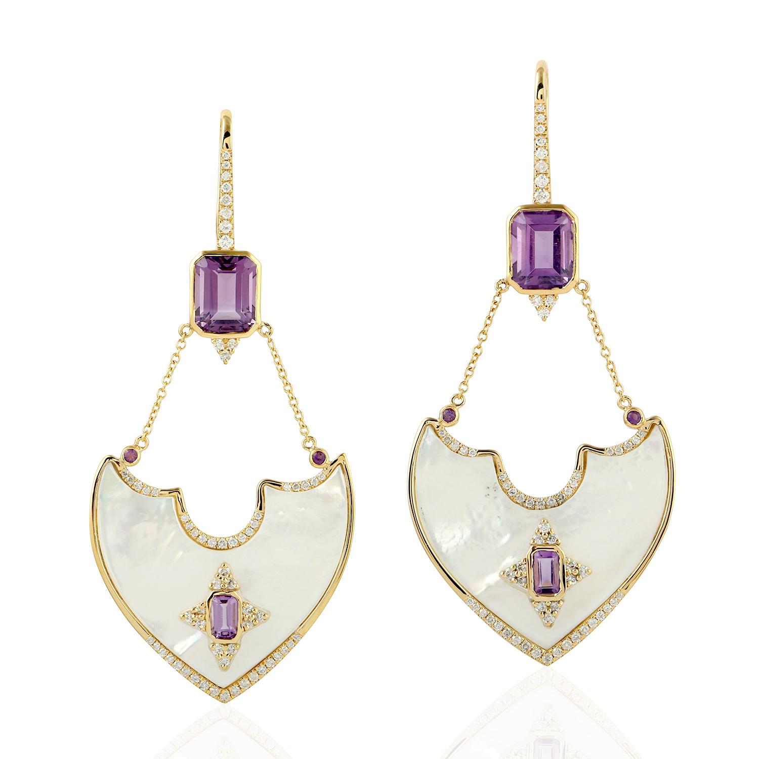 Mixed Cut Amethyst Diamond 18 Karat Gold Earrings For Sale