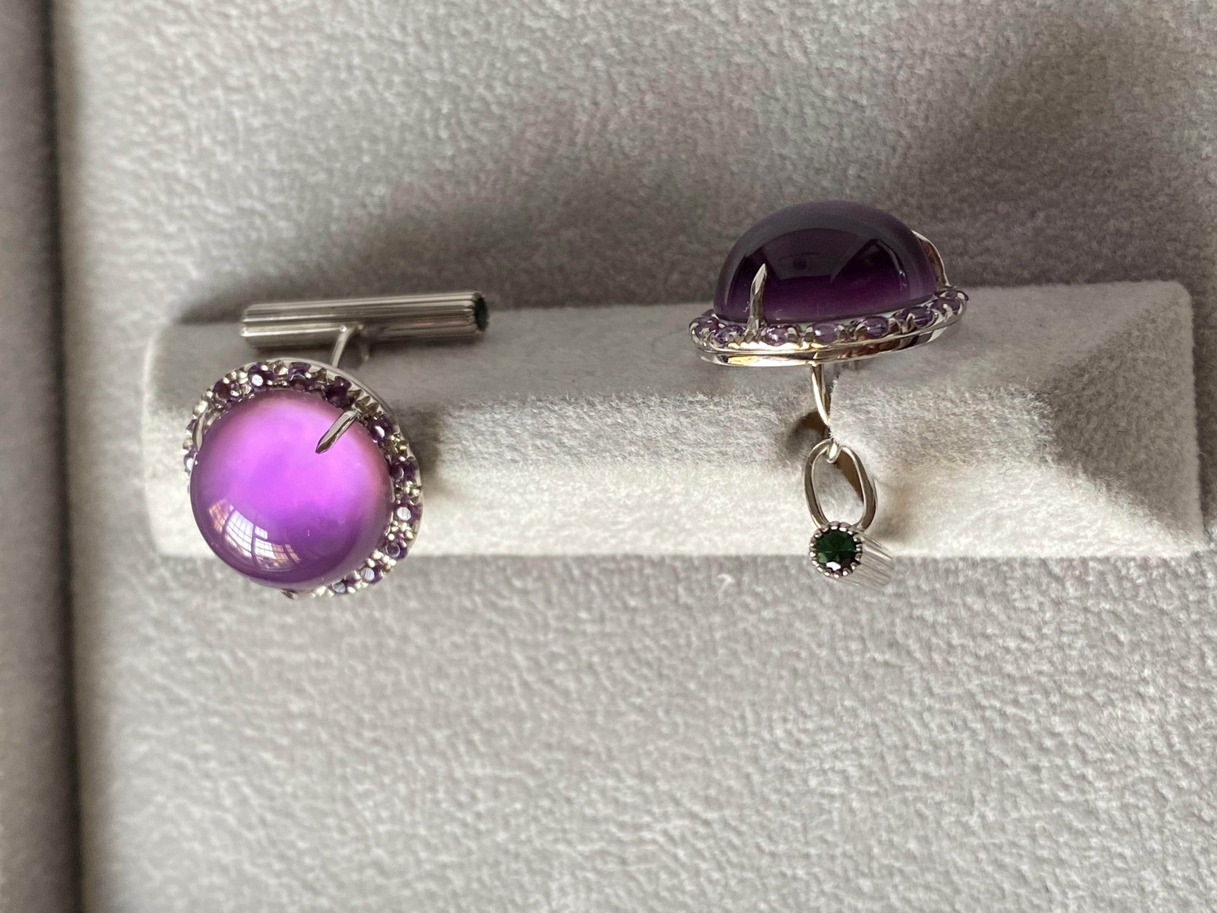 Amethyst Mother of Pearl Green Tourmaline White Gold Cufflinks For Sale 5