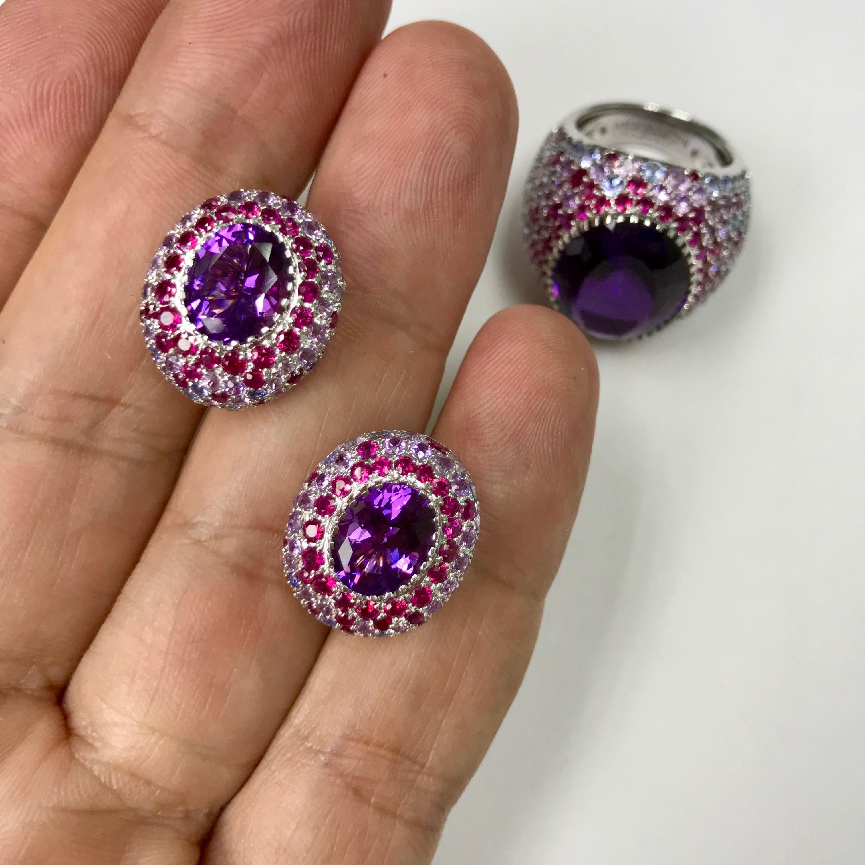 Contemporary Amethyst Multi-Color Sapphire 18 Karat White Gold Earrings For Sale
