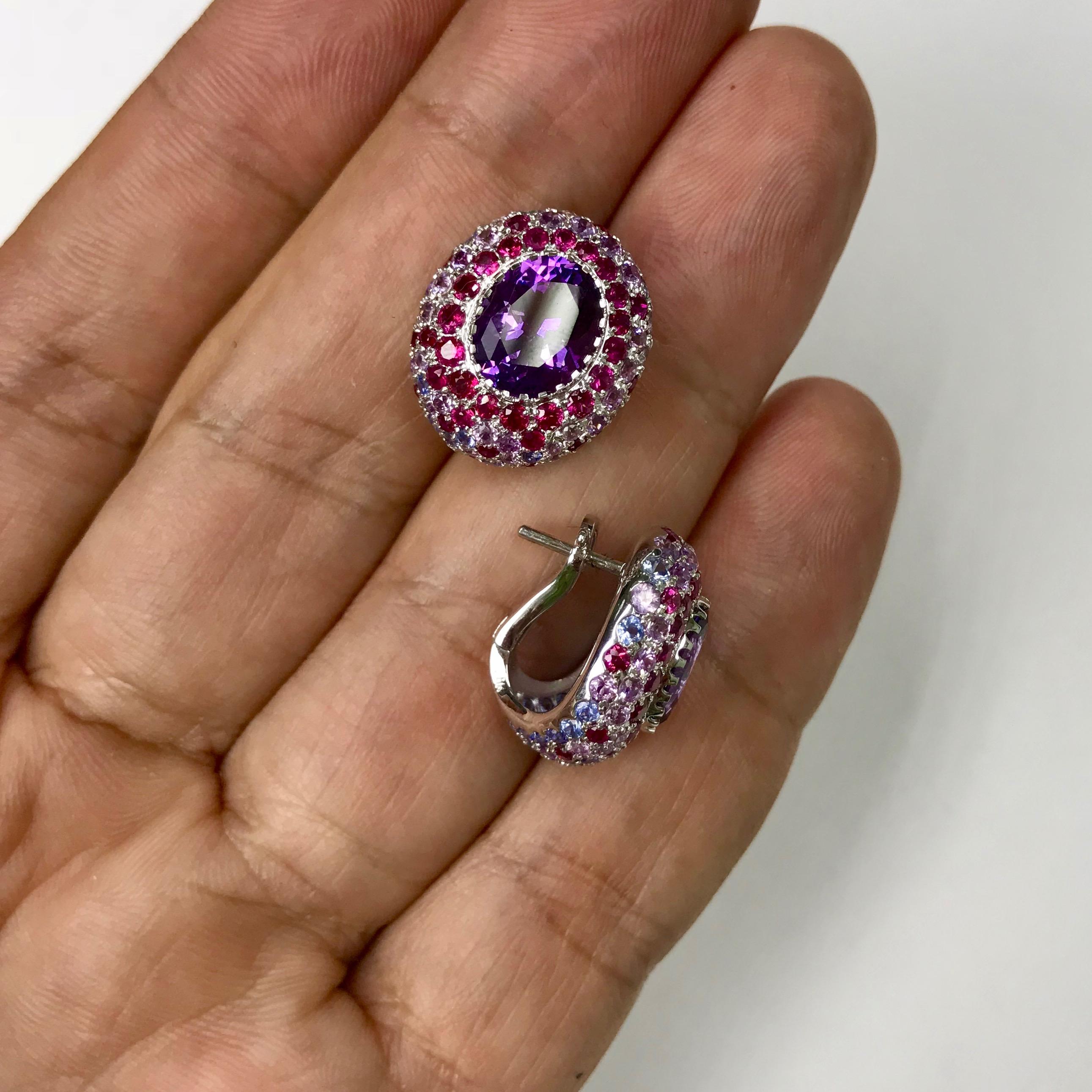 Amethyst Multi-Color Sapphire 18 Karat White Gold Earrings In New Condition For Sale In Bangkok, TH
