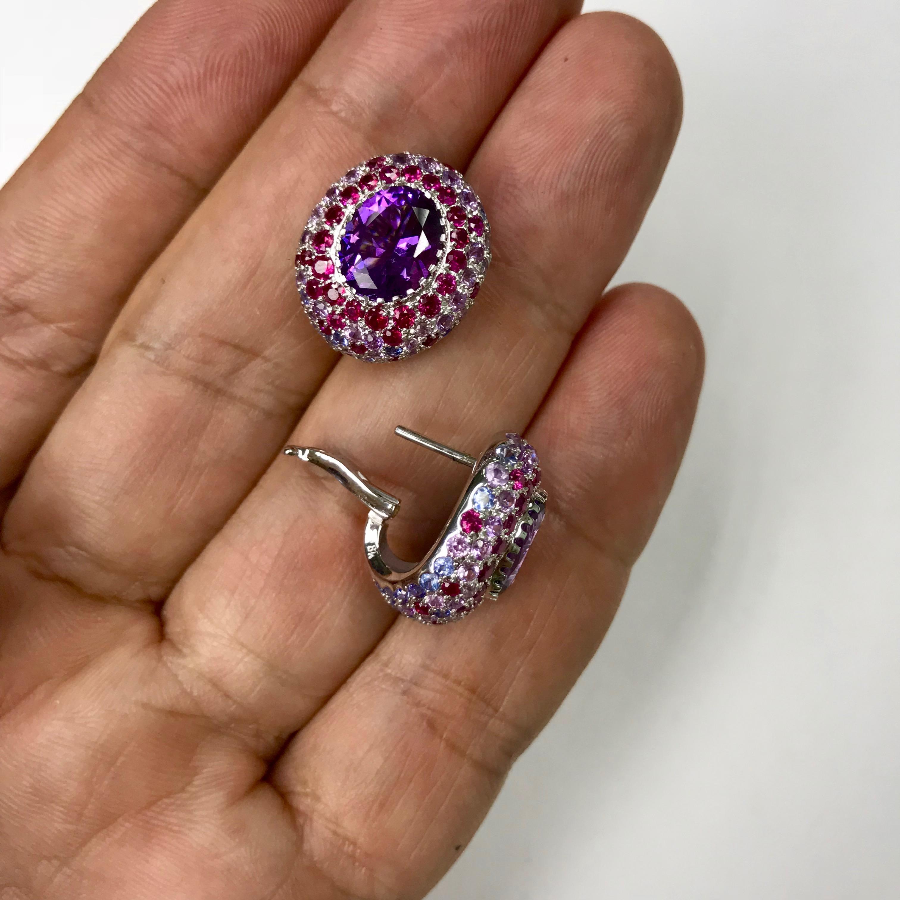 Women's Amethyst Multi-Color Sapphire 18 Karat White Gold Earrings