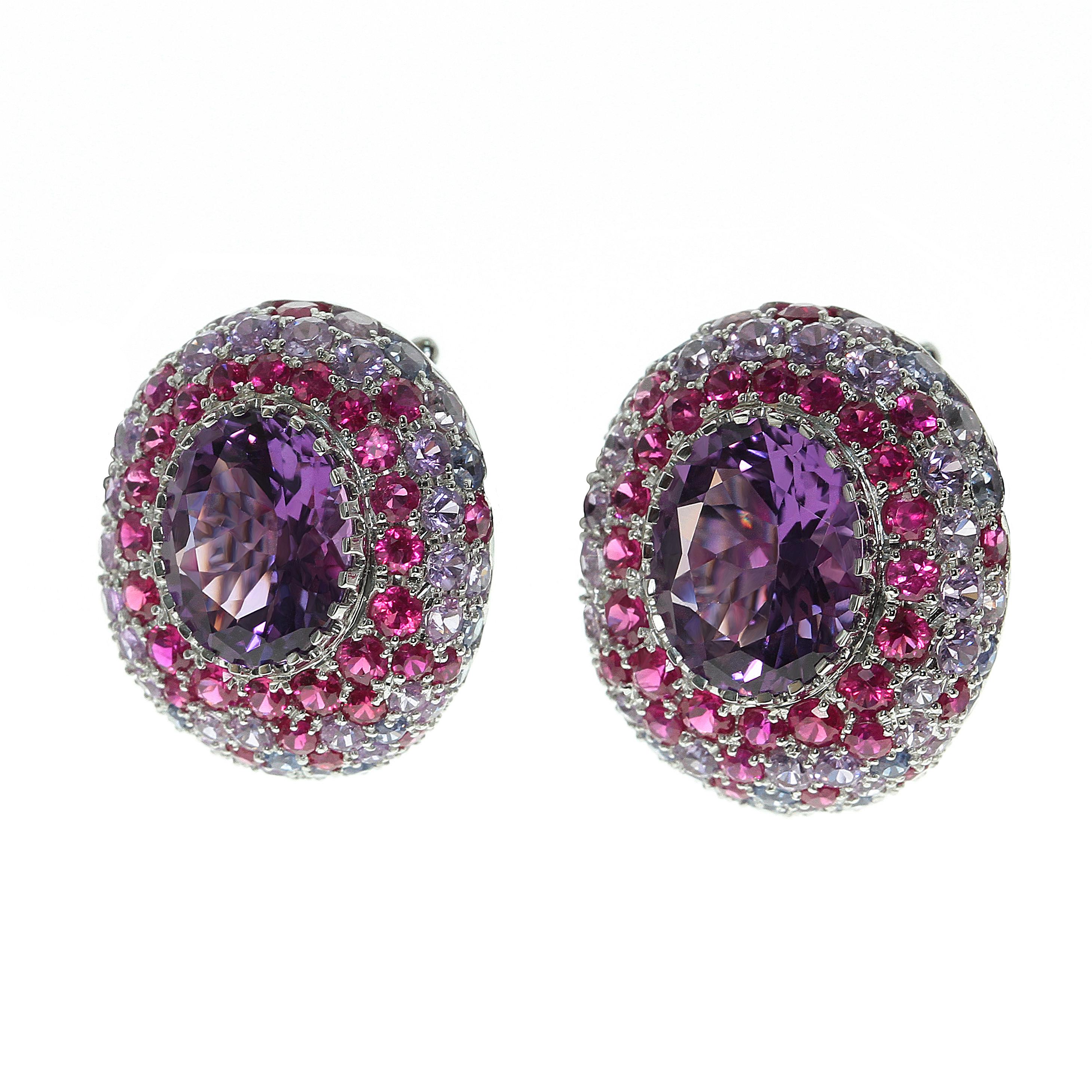 Amethyst Multi-Color Sapphire 18 Karat White Gold Suite.  
It is a vibrant and colorfull suite, perfect for everyday.

Bright and attractive amethyst ring. Weightless and comfortable earrings.
Now available in sizes: US Size 8 1/2, EU Size 57 3/4.