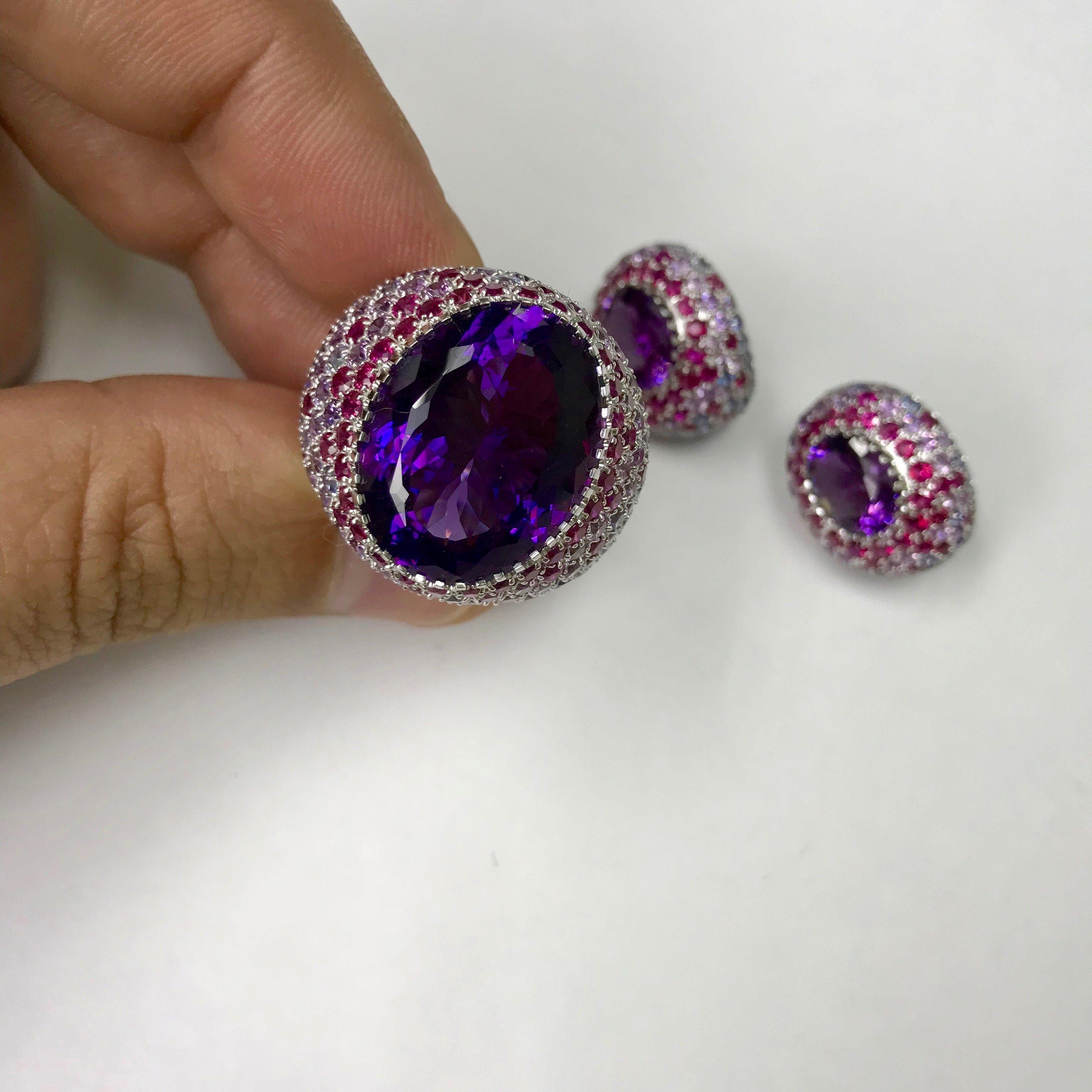 Amethyst Multi-Color Sapphire 18 Karat White Gold Suite In New Condition For Sale In Bangkok, TH