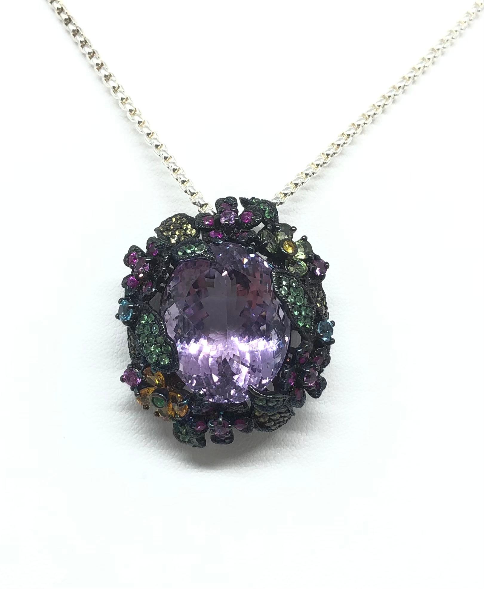 Contemporary Amethyst, Multi-color Sapphire and Tsavorite Pendant set in Silver Settings For Sale