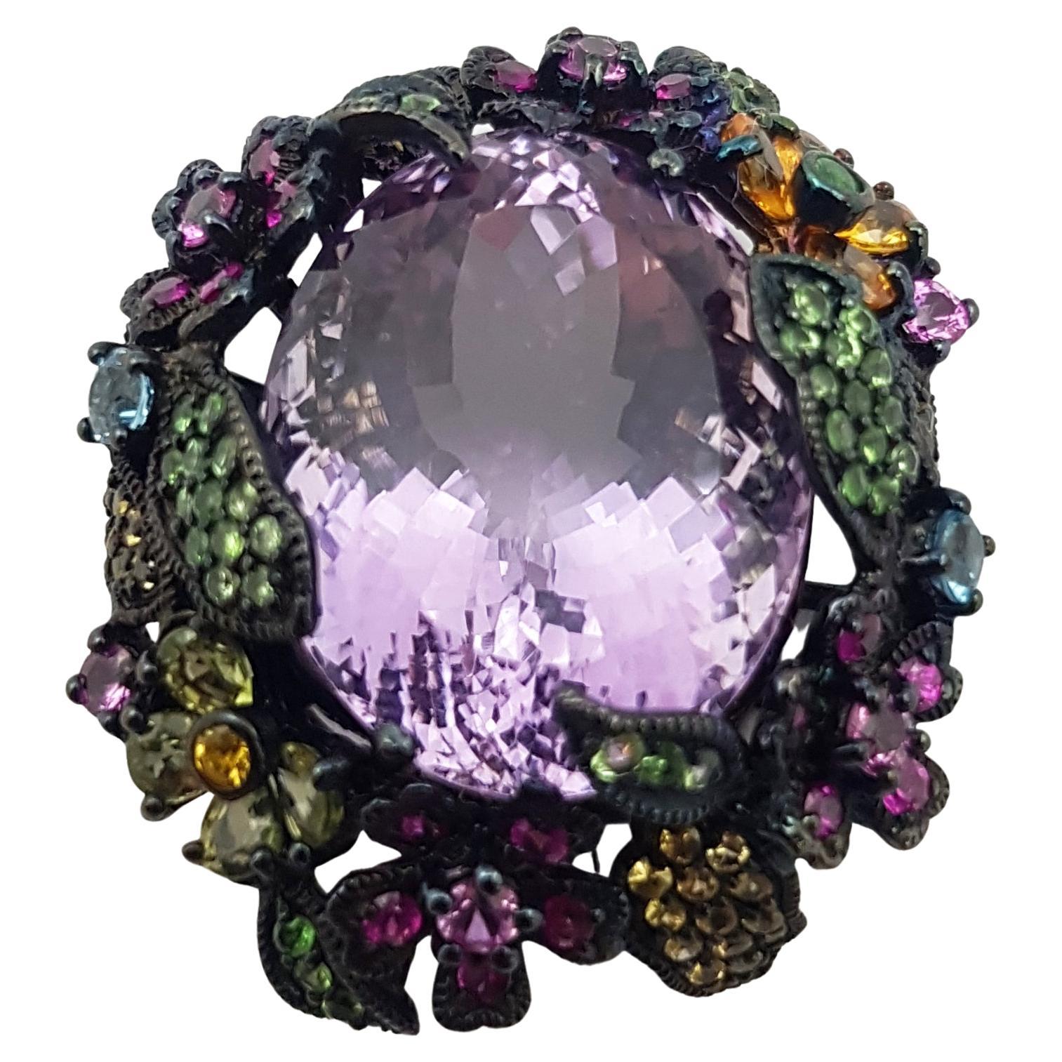 Amethyst, Multi-color Sapphire and Tsavorite Pendant set in Silver Settings For Sale