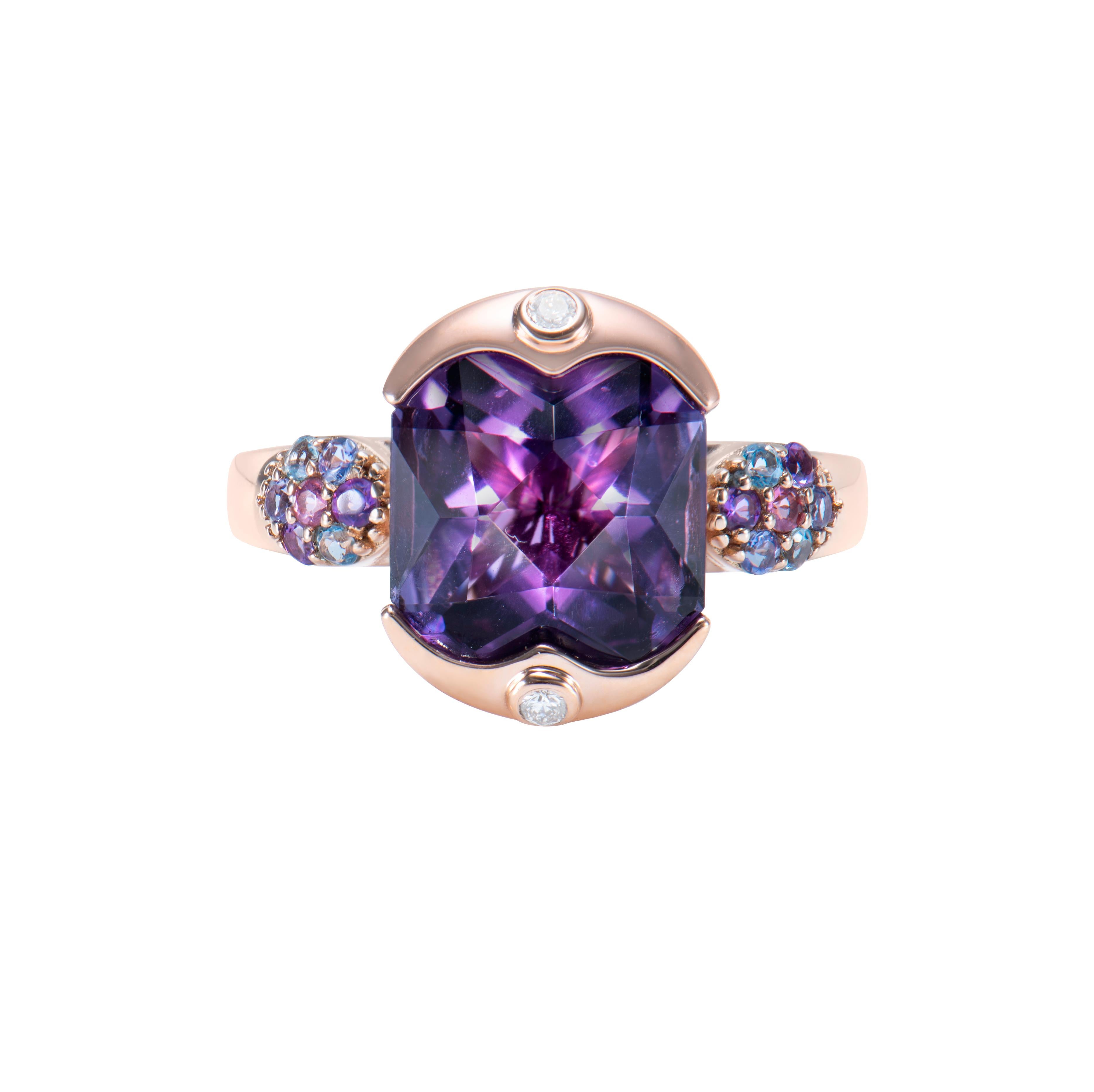 Contemporary Amethyst, Multi Gemstone and White Diamond Ring in 18 Karat Rose Gold. For Sale