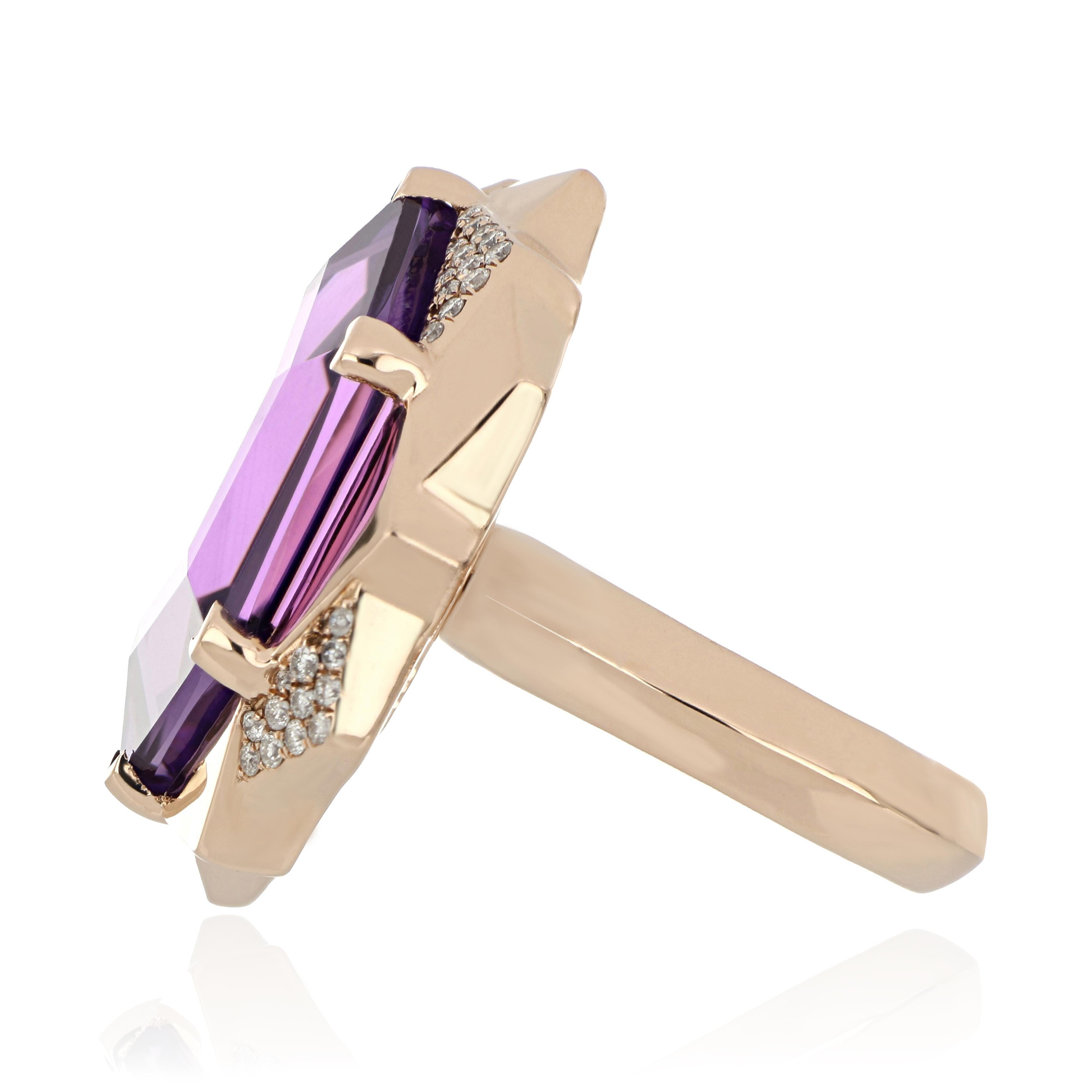 Contemporary Amethyst, Multi Sapphire and Diamond Studded Ring in 14 Karat Rose Gold For Sale