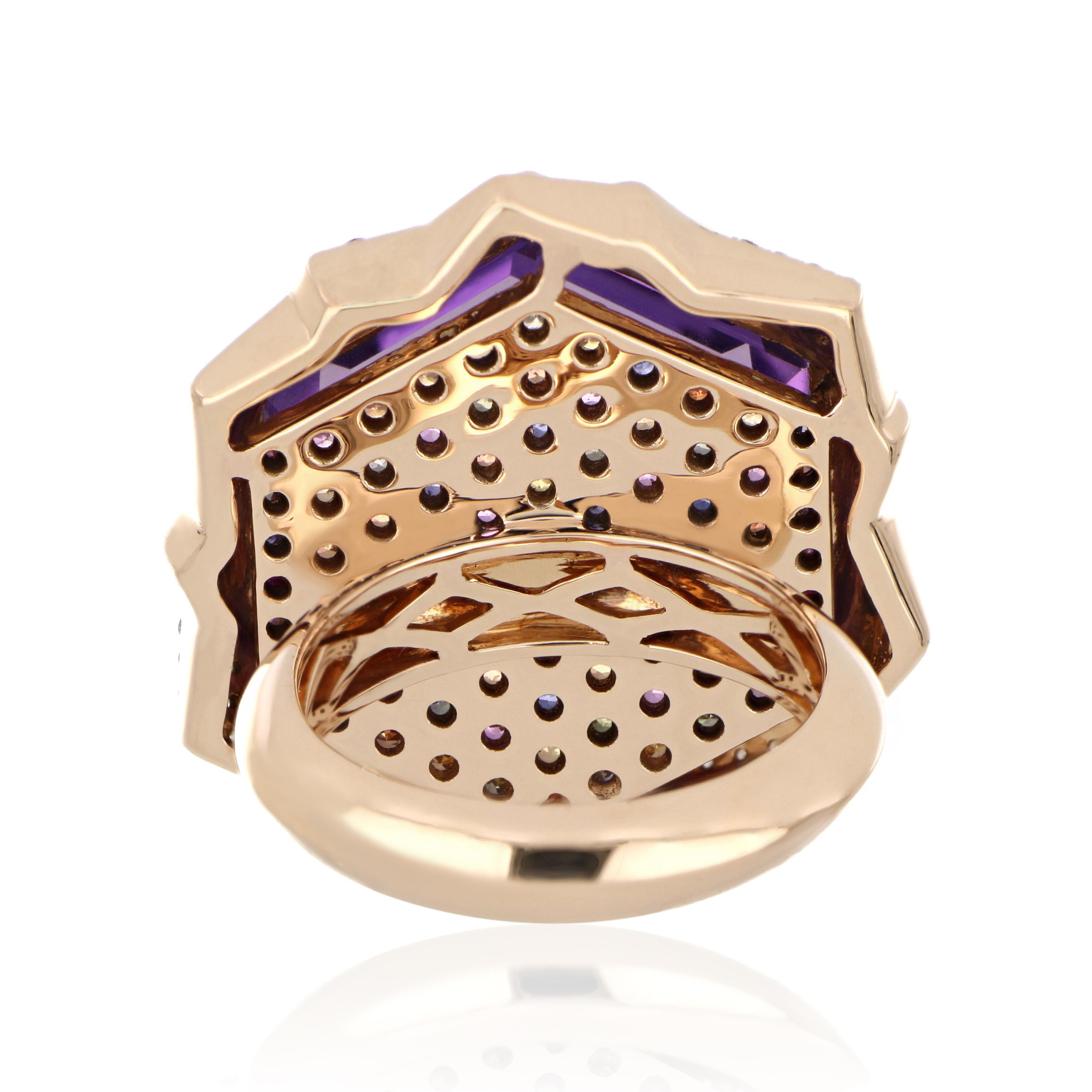 Hexagon Cut Amethyst, Multi Sapphire and Diamond Studded Ring in 14 Karat Rose Gold For Sale