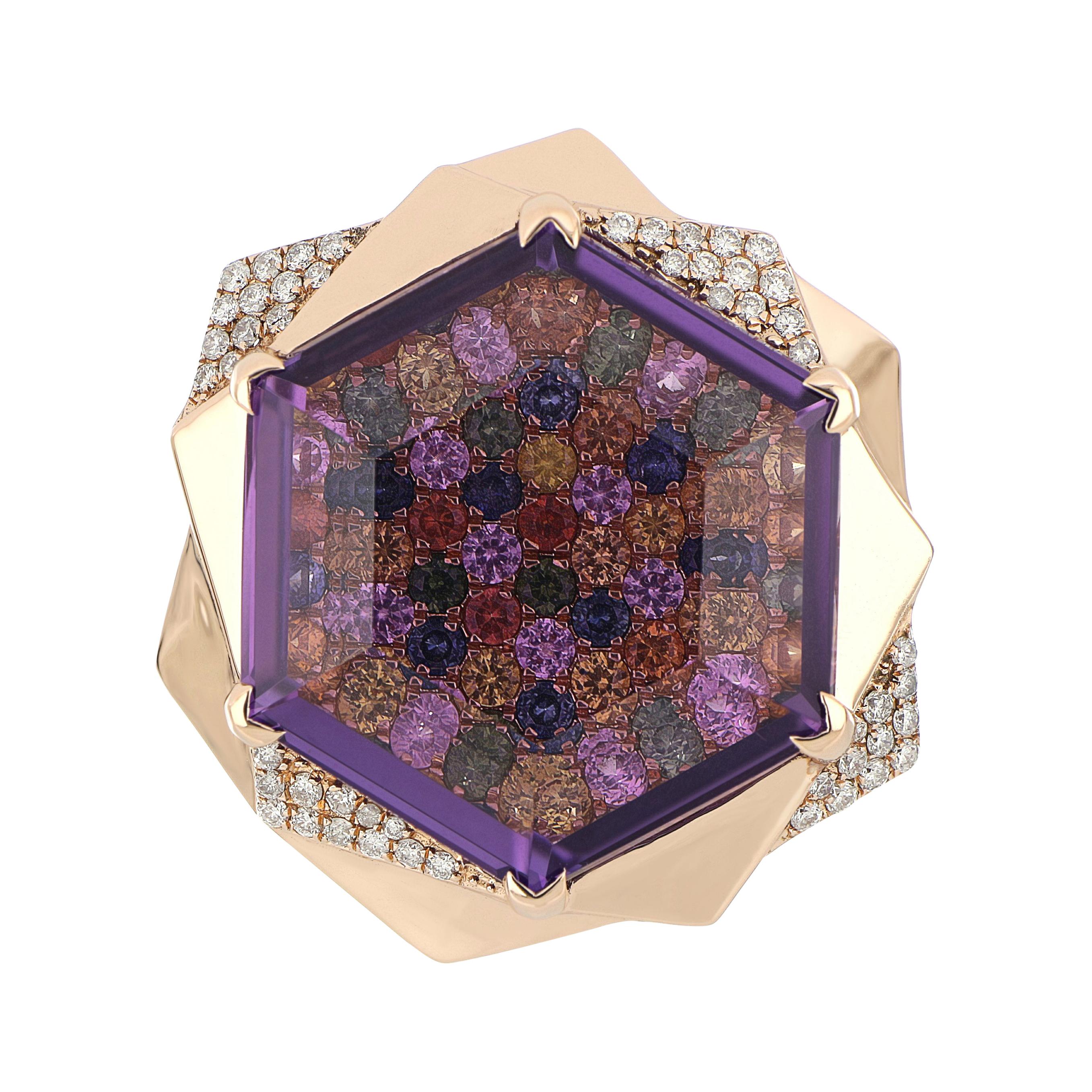 Bague cloutée en or rose 14 carats avec améthyste, plusieurs saphirs et diamants