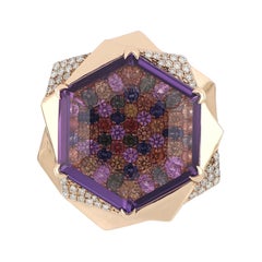 Amethyst, Multi Sapphire and Diamond Studded Ring in 14 Karat Rose Gold