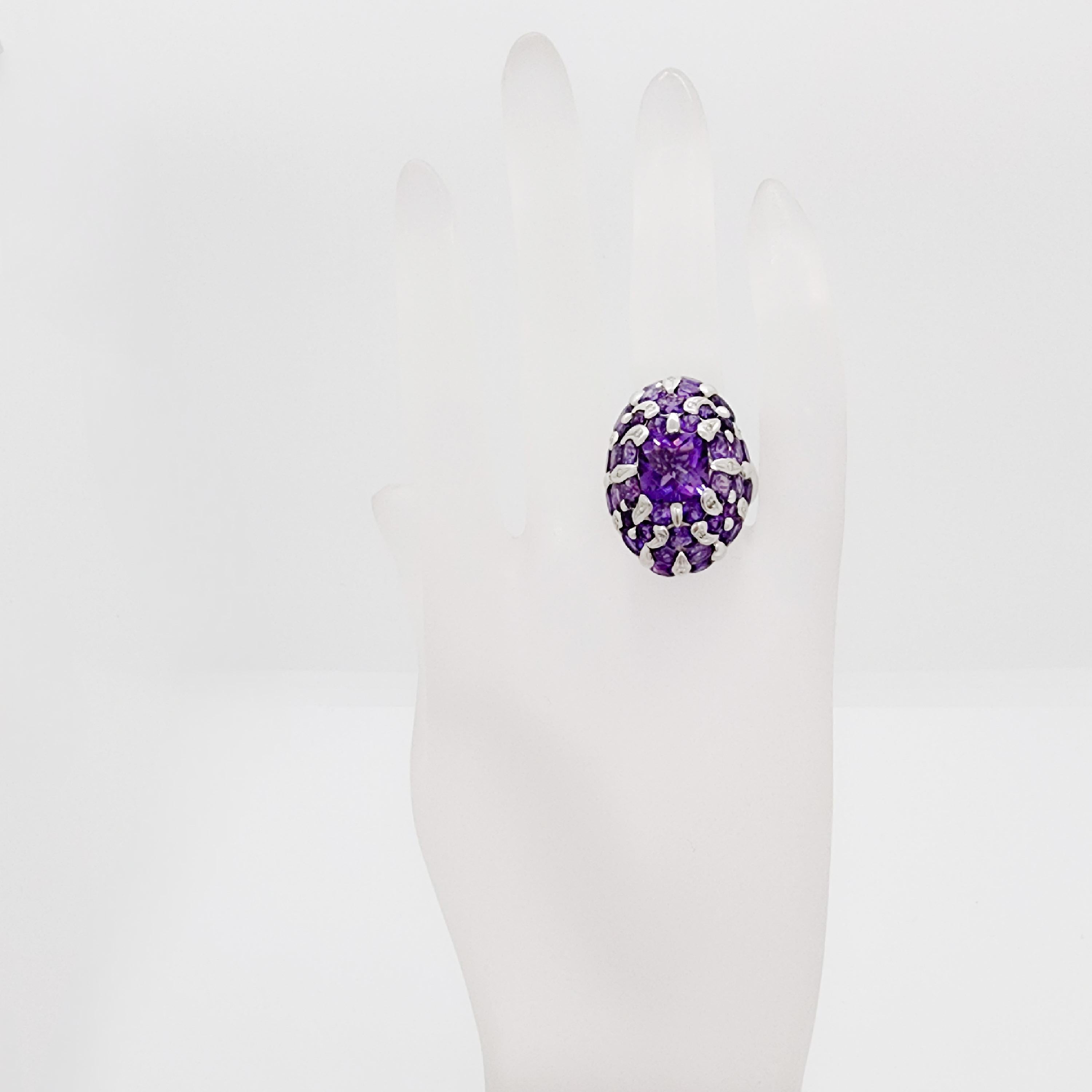 Round Cut Amethyst Multi Shape and White Diamond Cluster Ring in 18k White Gold For Sale