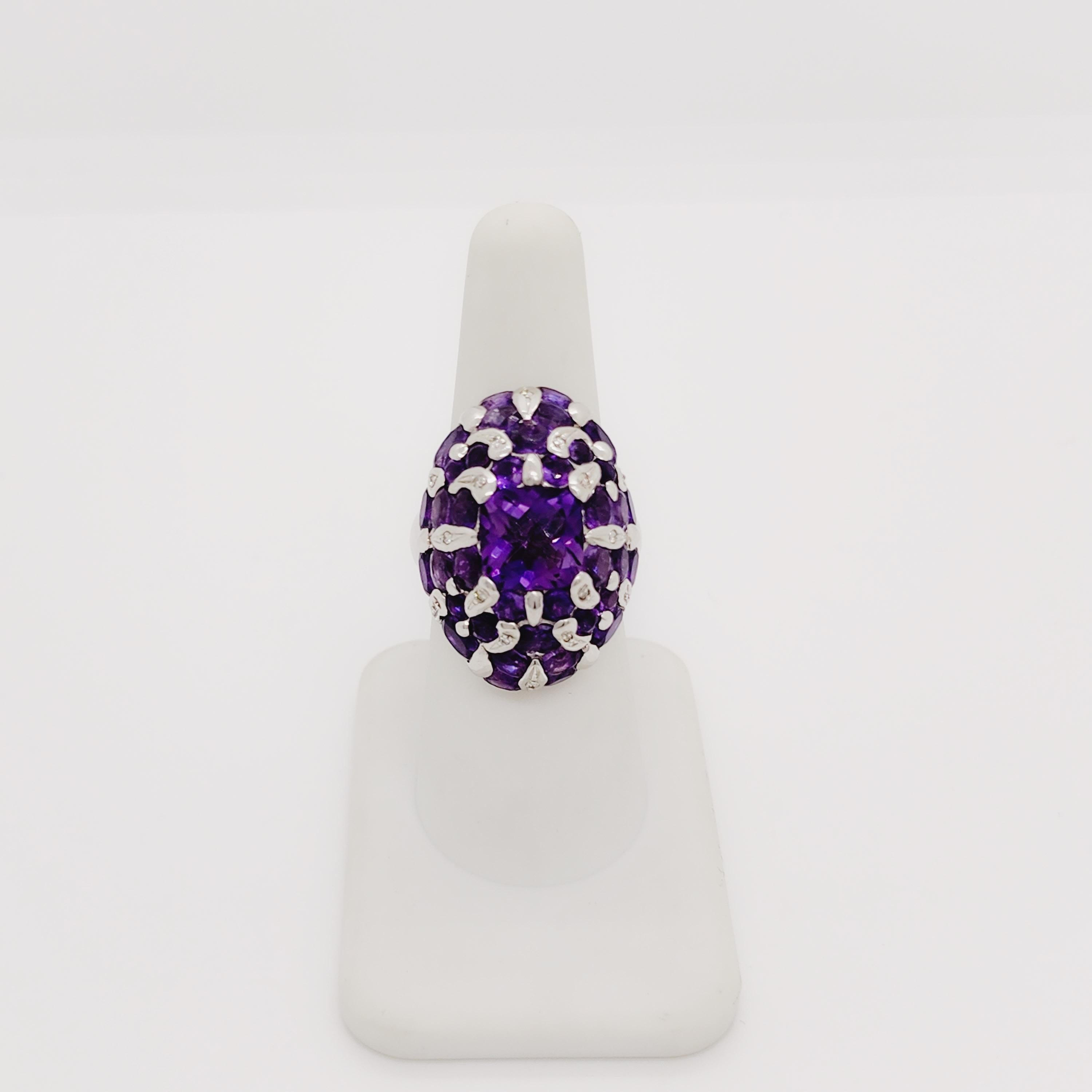Amethyst Multi Shape and White Diamond Cluster Ring in 18k White Gold In New Condition For Sale In Los Angeles, CA