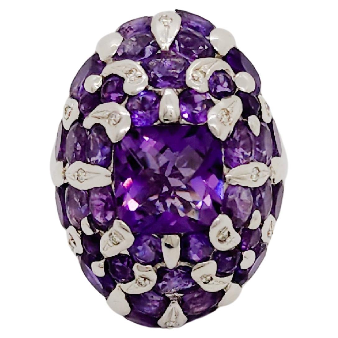 Amethyst Multi Shape and White Diamond Cluster Ring in 18k White Gold For Sale