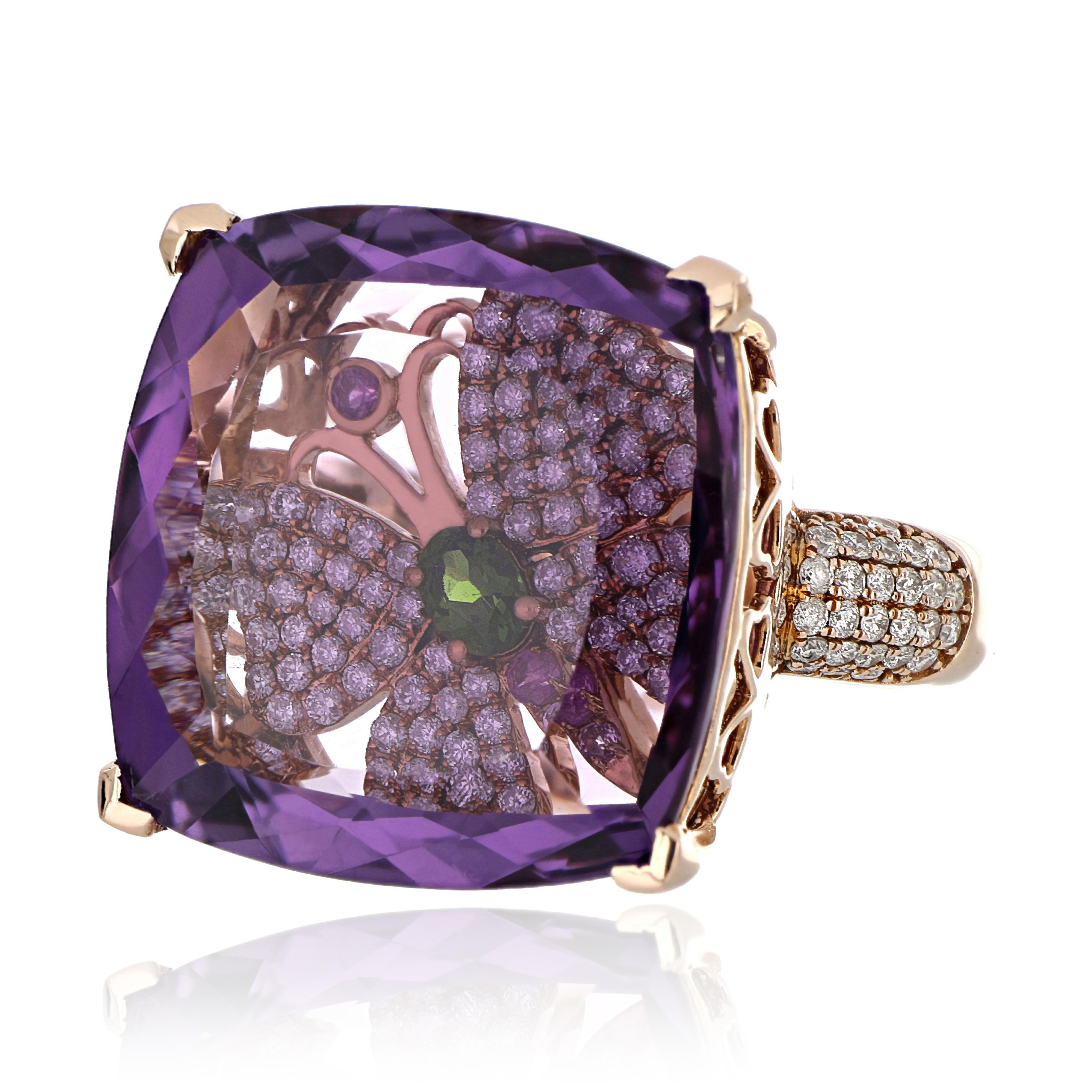 Contemporary Amethyst, Multi Stone and Diamond Studded Ring in 14 Karat Rose Gold