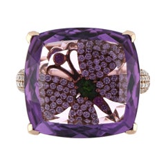 Amethyst, Multi Stone and Diamond Studded Ring in 14 Karat Rose Gold