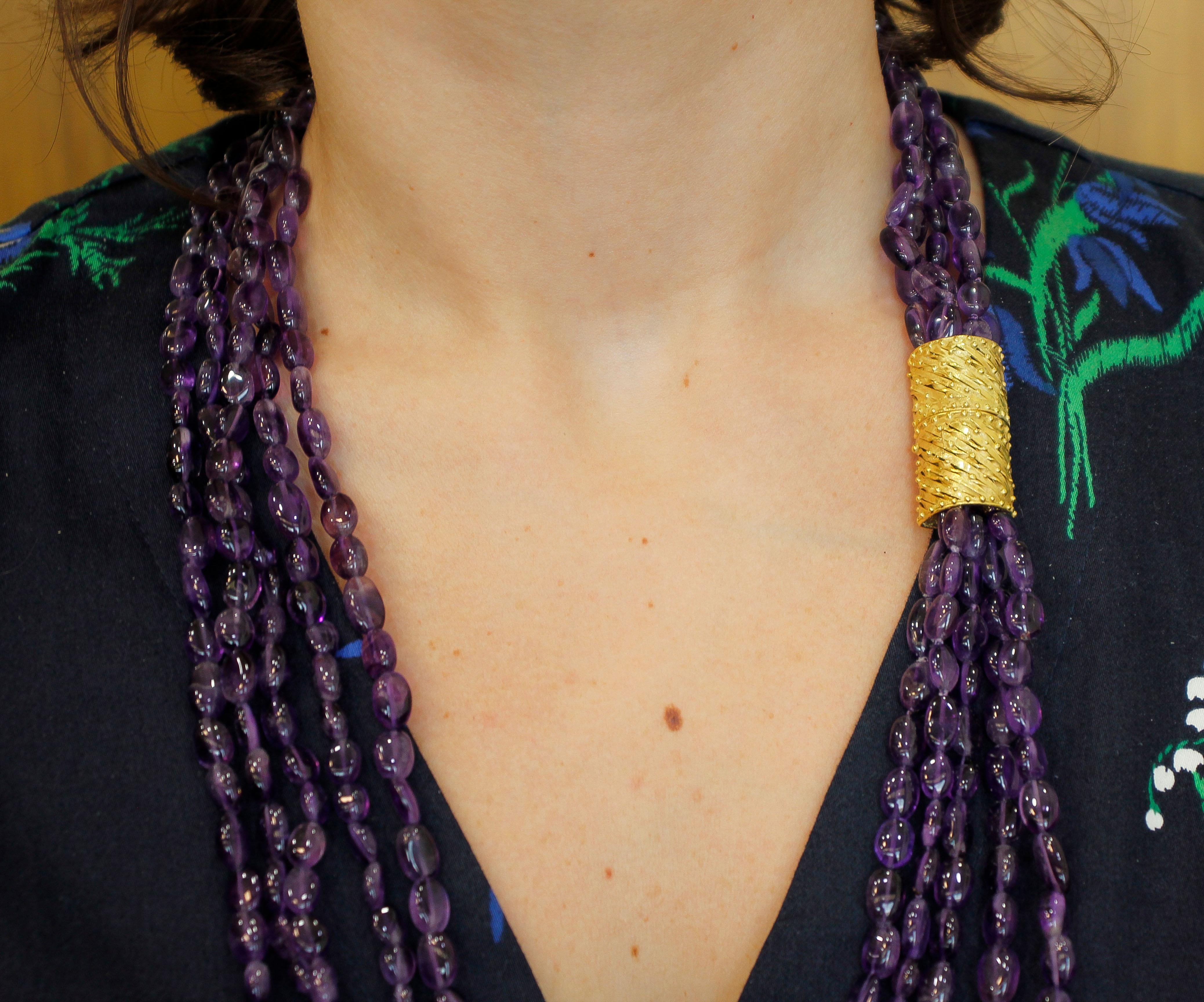 Amethyst Multi-Strands Beaded Necklace with 18 Karat Yellow Gold ...