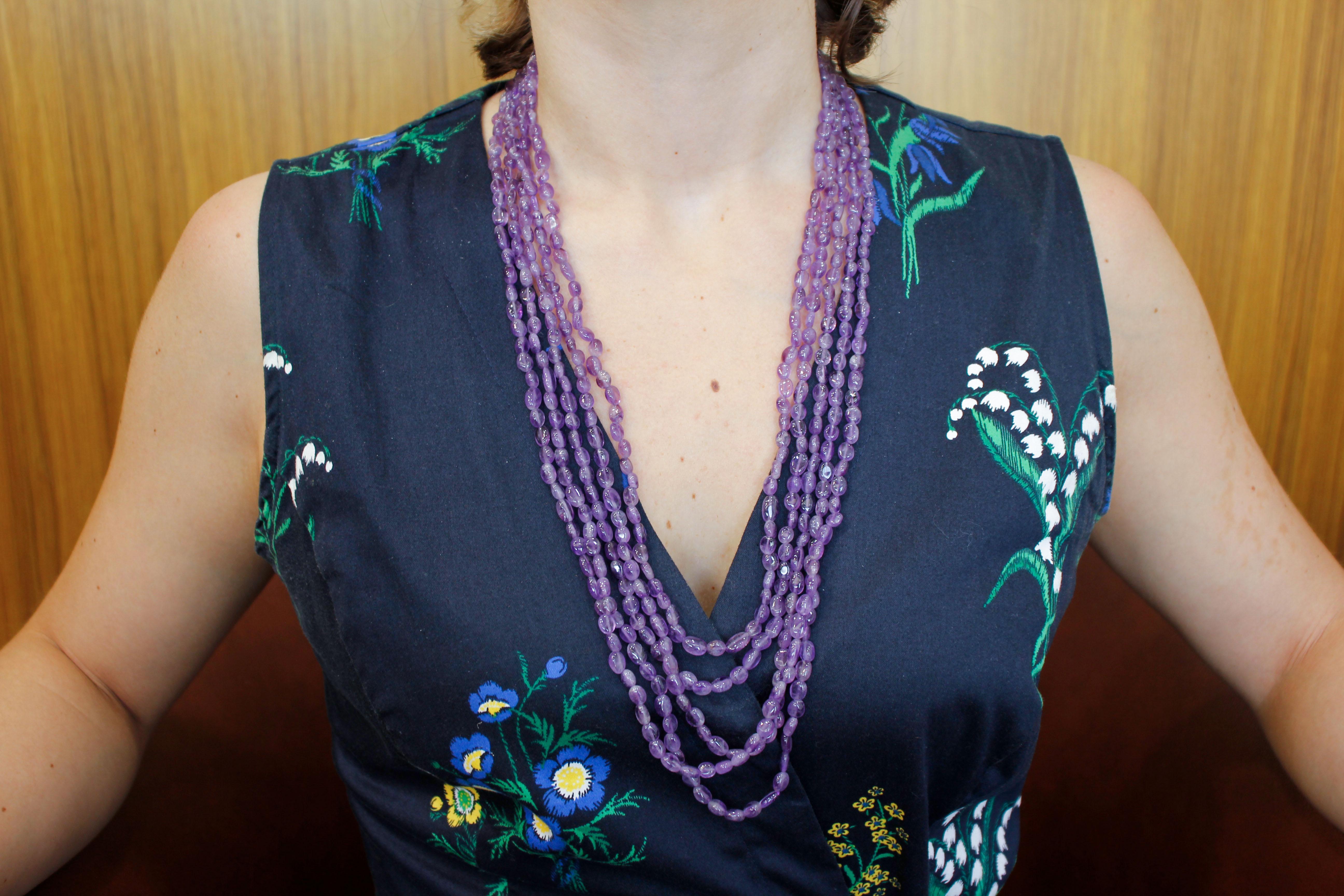 Retro Amethyst Multi-Strands Necklace with 18 Karat Yellow Gold Closure