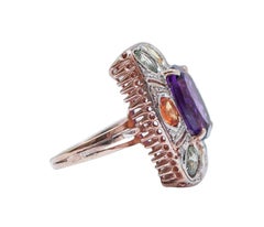 Amethyst, Multicolor Sapphires, Diamonds, Rose Gold and Silver Ring.