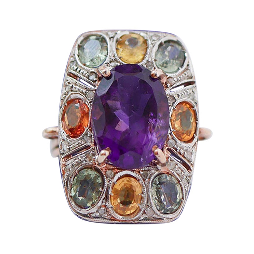 Amethyst, Multicolor Saphire, Diamanten, Rose Gold und Silber Ring.