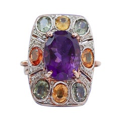 Amethyst, Multicolor Sapphires, Diamonds, Rose Gold and Silver Ring.