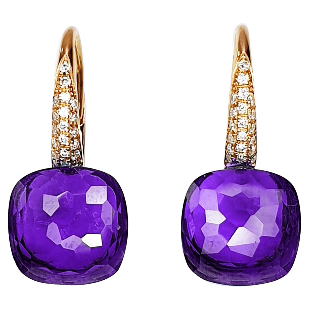 Pendientes colgantes de amatista multifacética de oro rosa de 18 quilates con pavé de diamantes