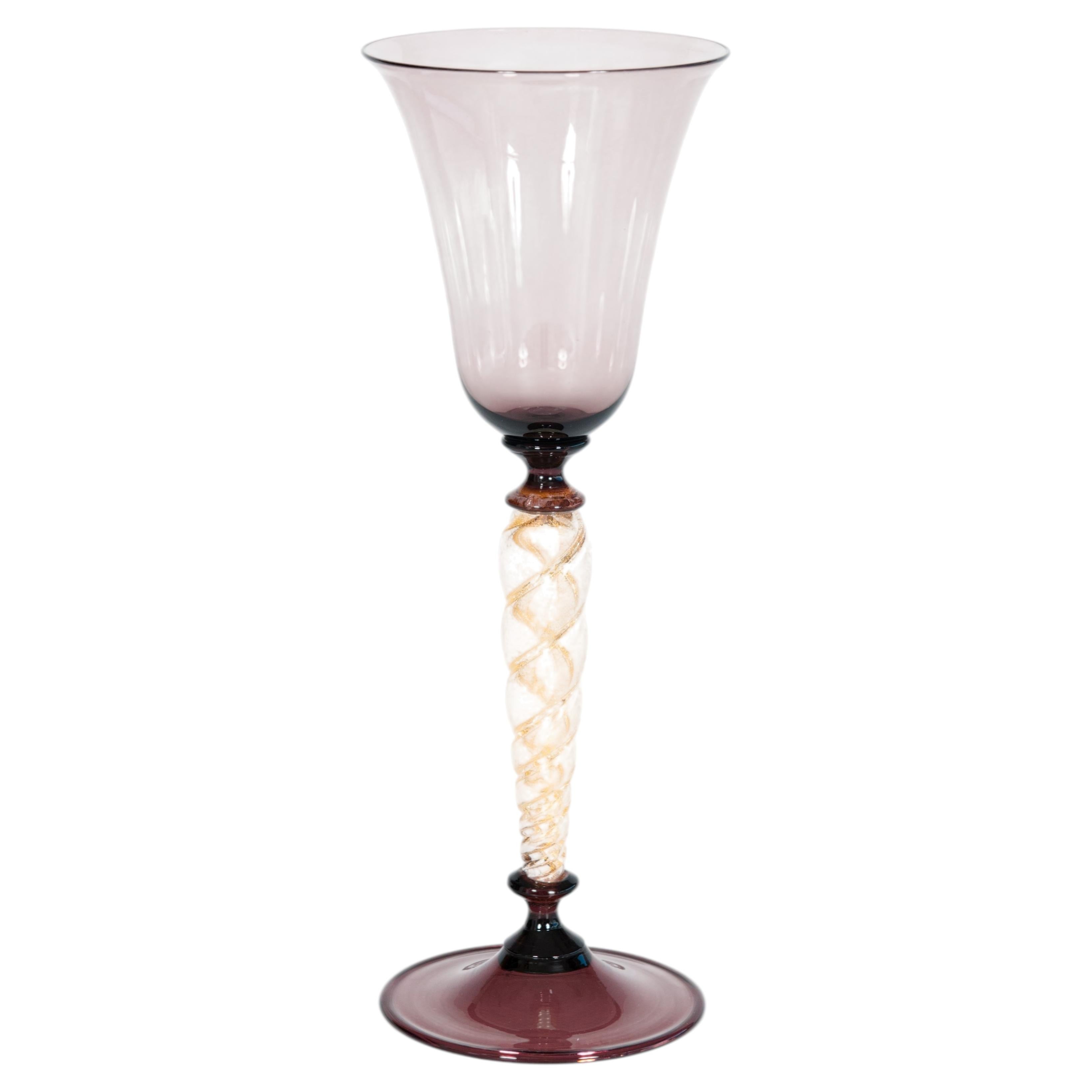 Amethyst Murano Glass Goblet with Gold Aventurine Twisted Stem, 1980s For Sale