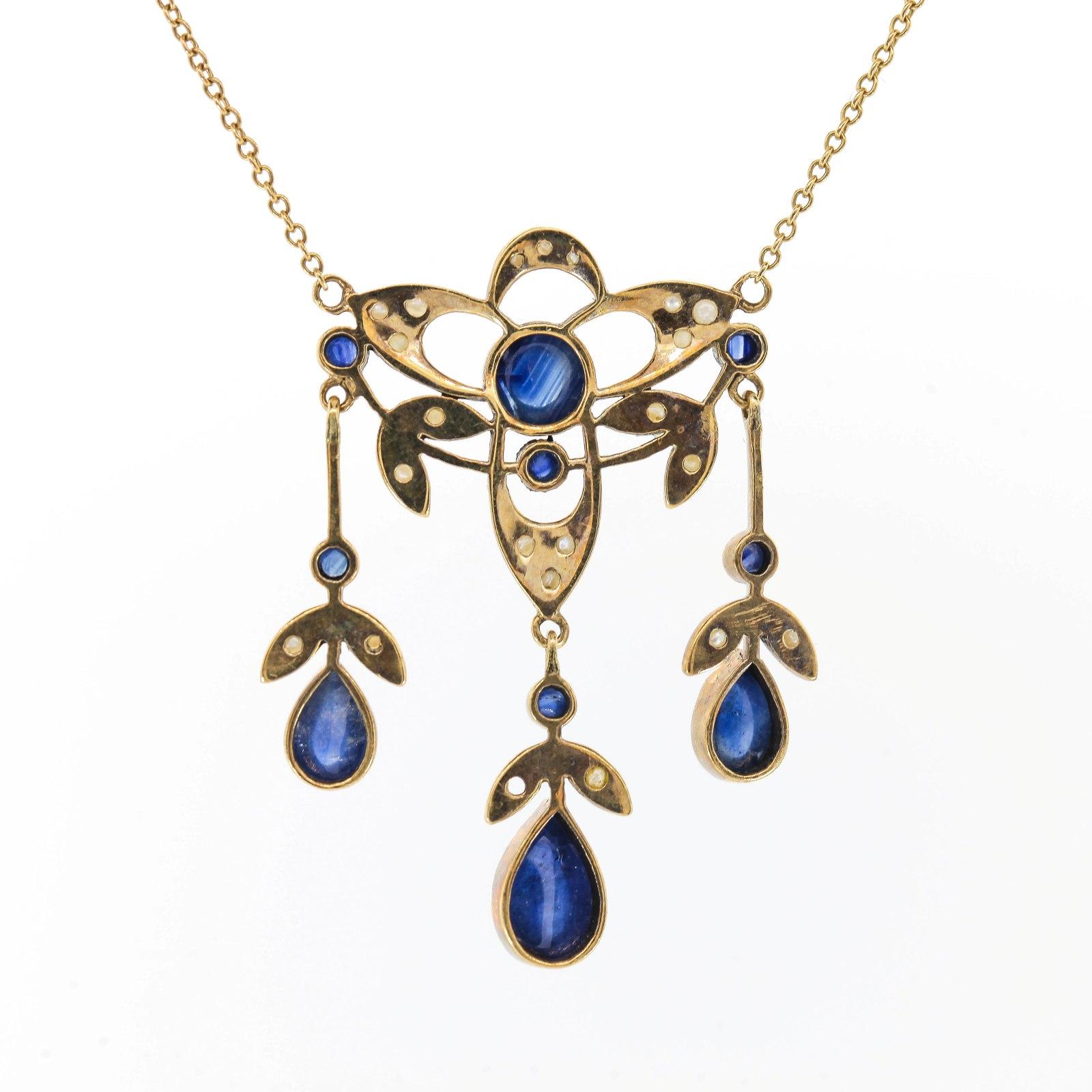 Cabochon Sapphire Natural Seed Pearls Victorian Gold Necklace