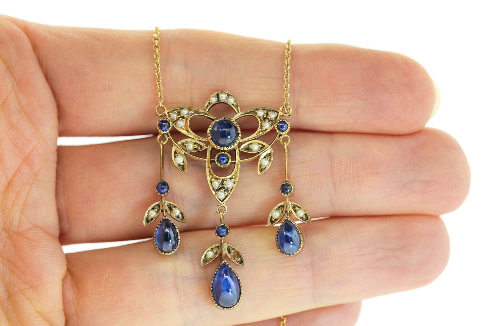 Sapphire Natural Seed Pearls Victorian Gold Necklace In Good Condition In Beverly Hills, CA