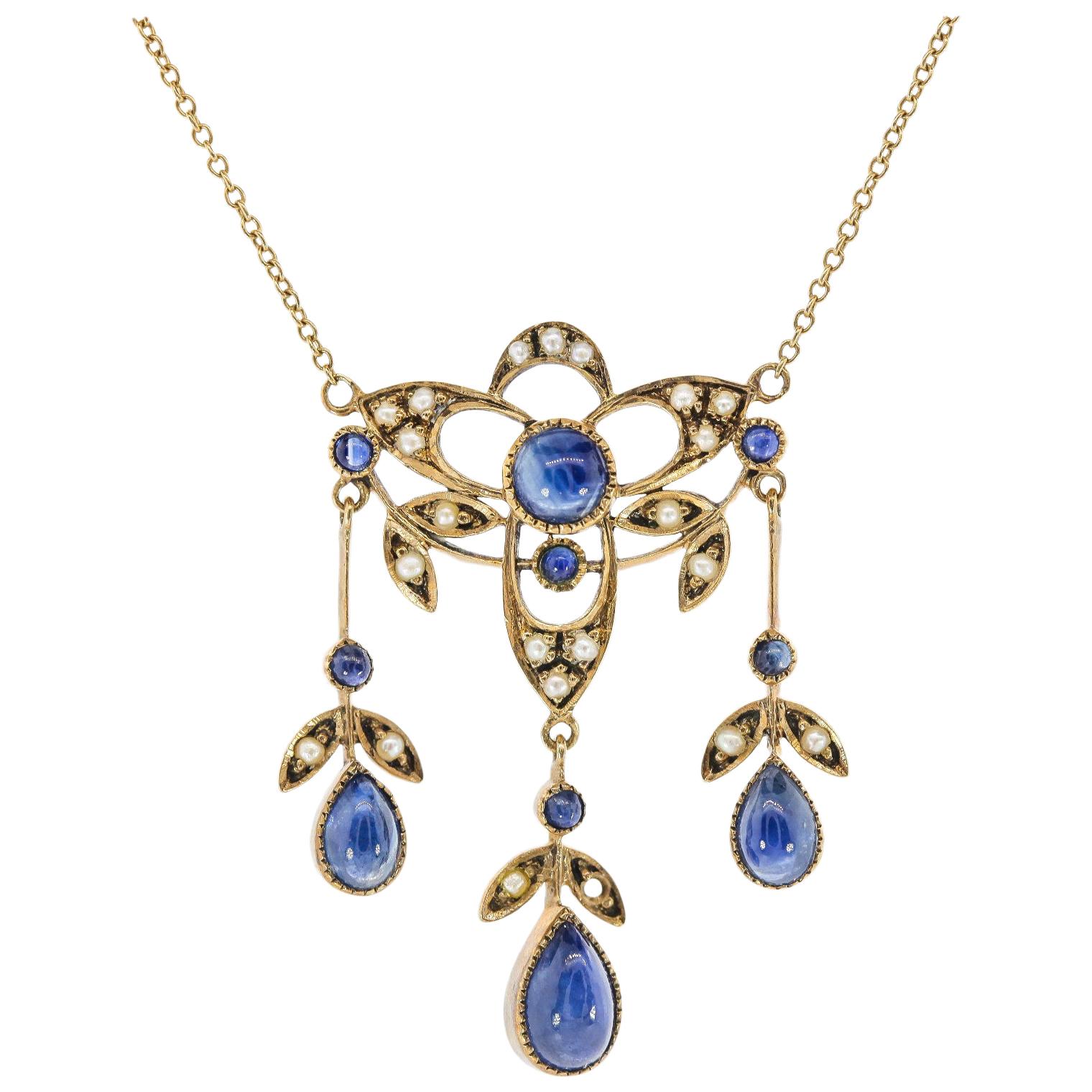 Sapphire Natural Seed Pearls Victorian Gold Necklace