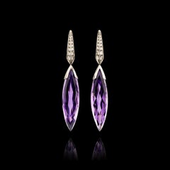 Amethyst Navette Earrings, Handmade of 18k White Gold, 28 White Diamonds