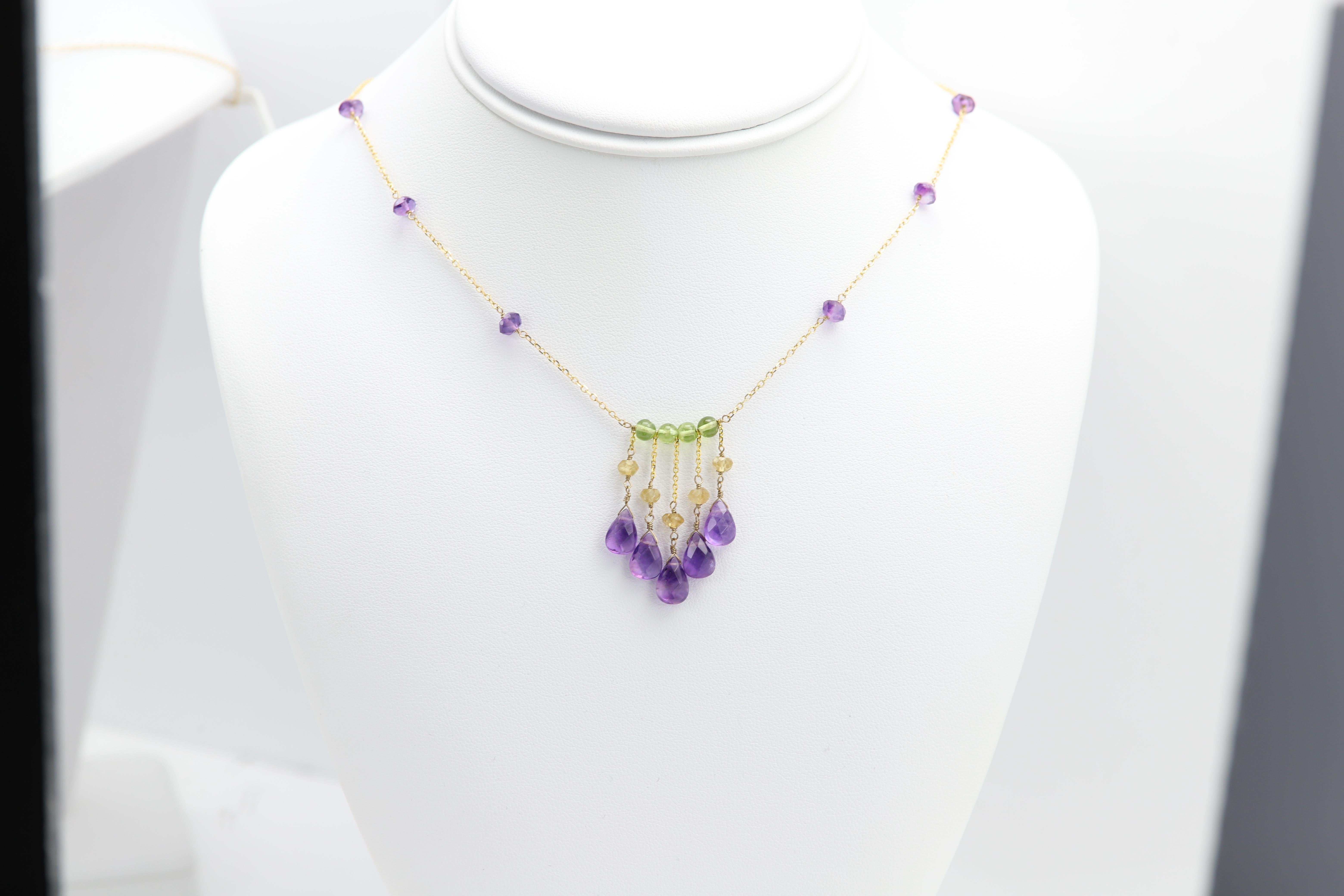 Collier de perles pendantes en or jaune 14 carats avec améthyste 001 en vente 7