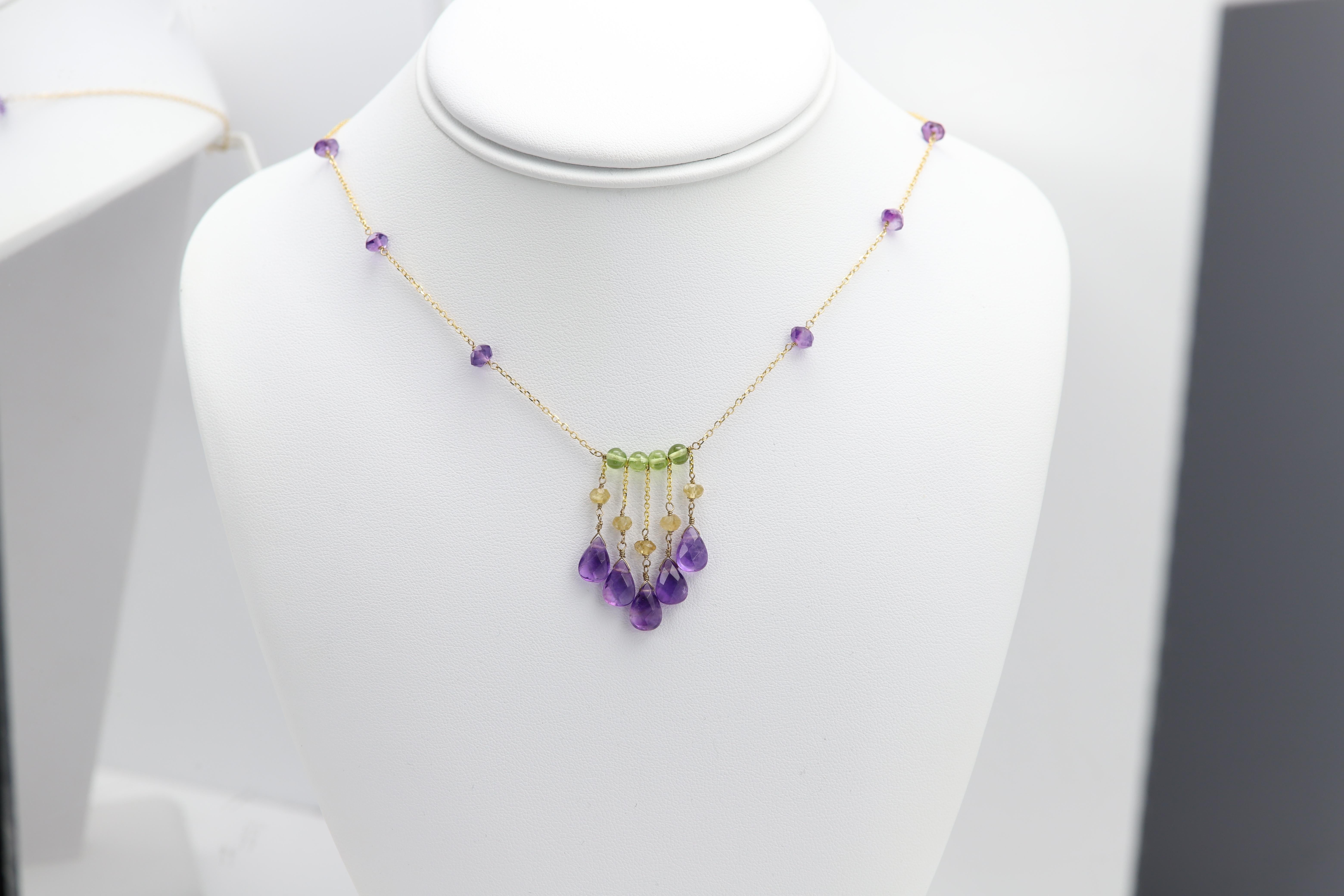 Collier de perles pendantes en or jaune 14 carats avec améthyste 001 en vente 8
