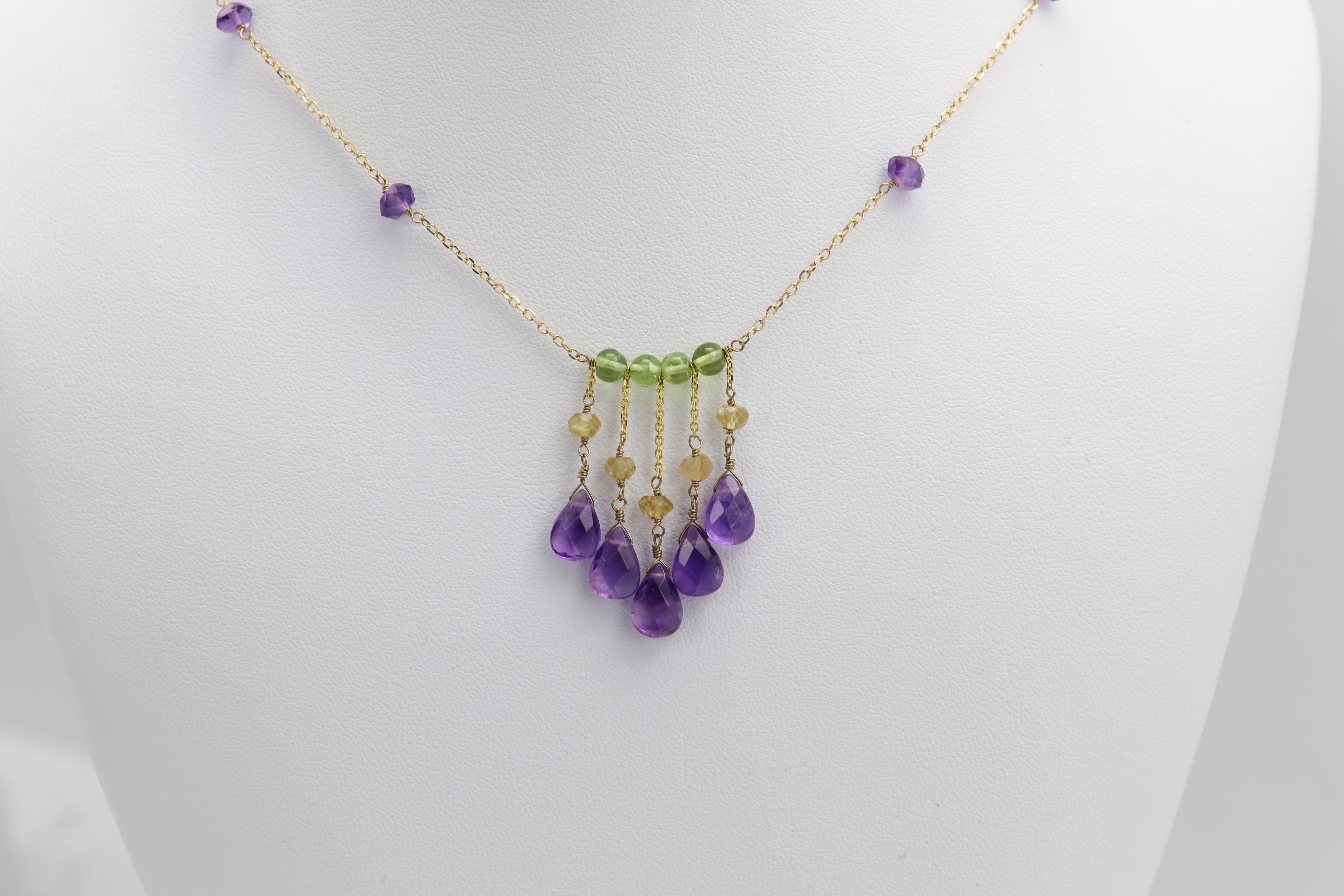 Collier de perles pendantes en or jaune 14 carats avec améthyste 001 en vente 9