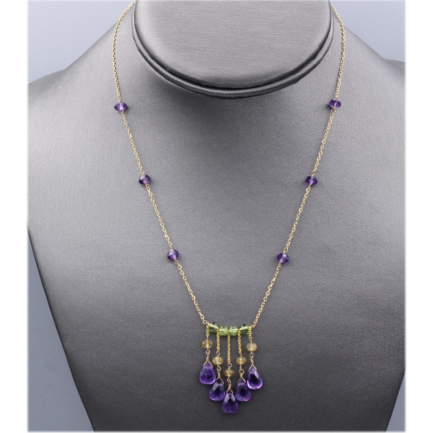 Briolette Cut Amethyst Necklace 14k Yellow Gold Dangle Bead Necklace For Sale