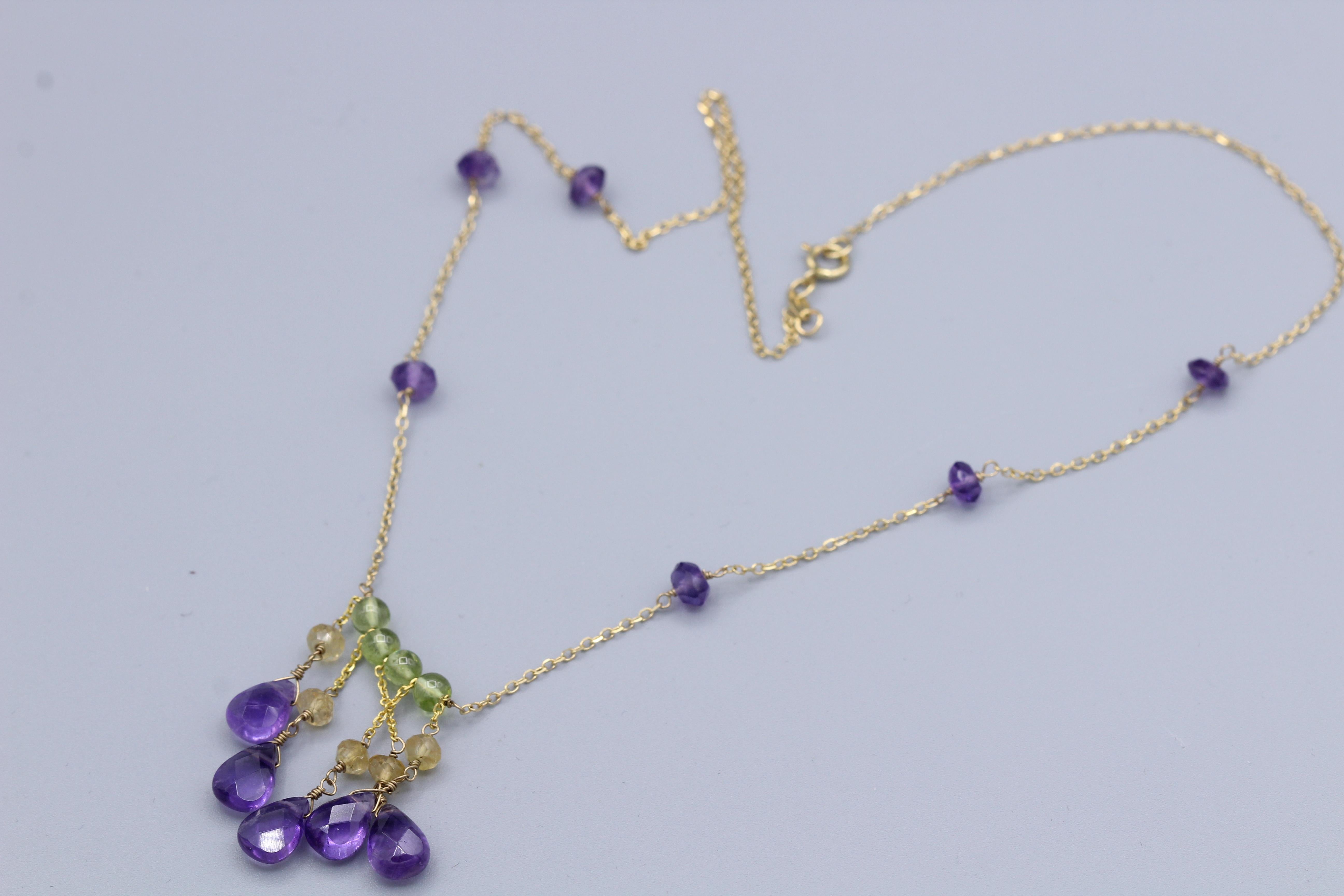 Collier de perles pendantes en or jaune 14 carats avec améthyste 001 en vente 1