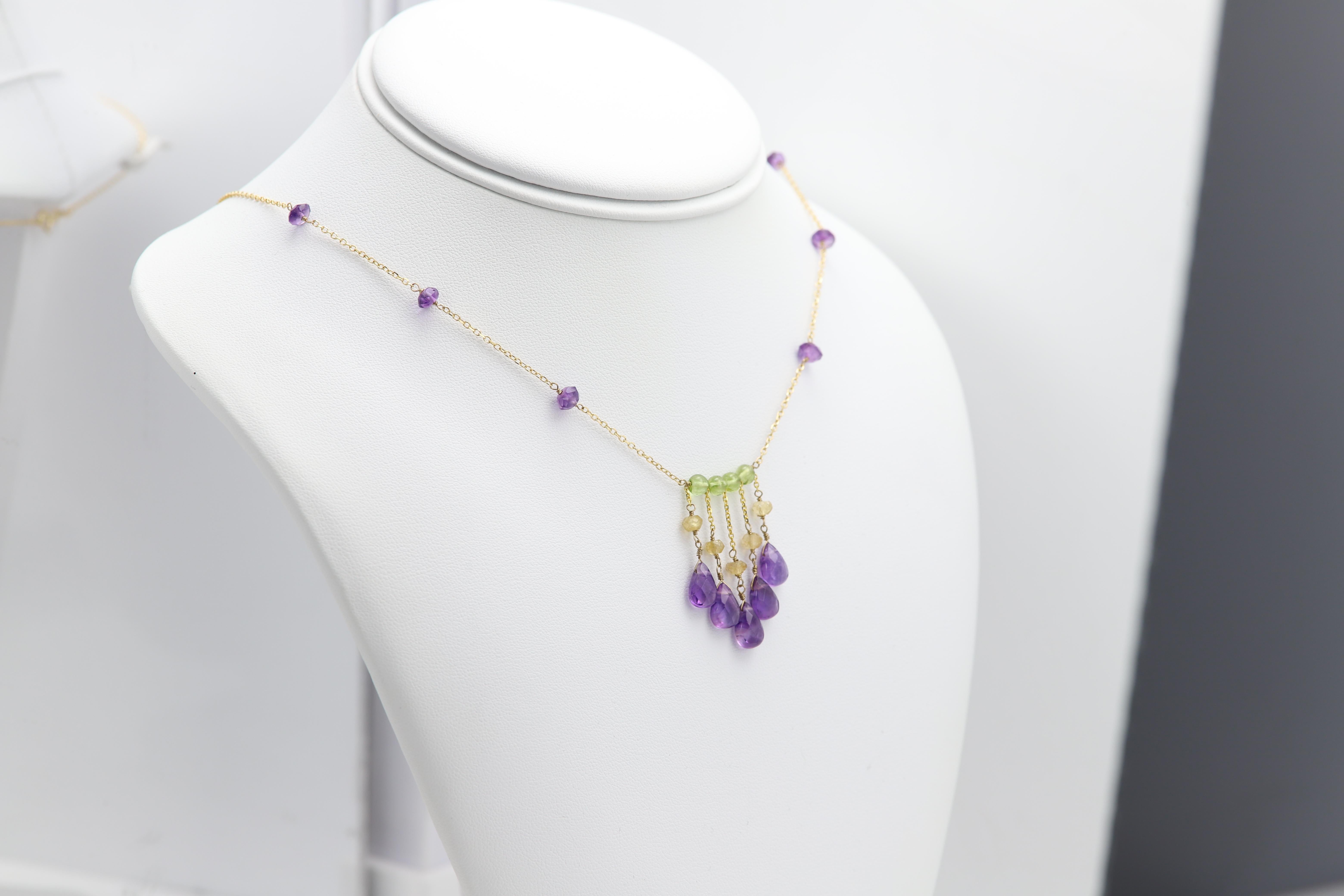 Collier de perles pendantes en or jaune 14 carats avec améthyste 001 en vente 2