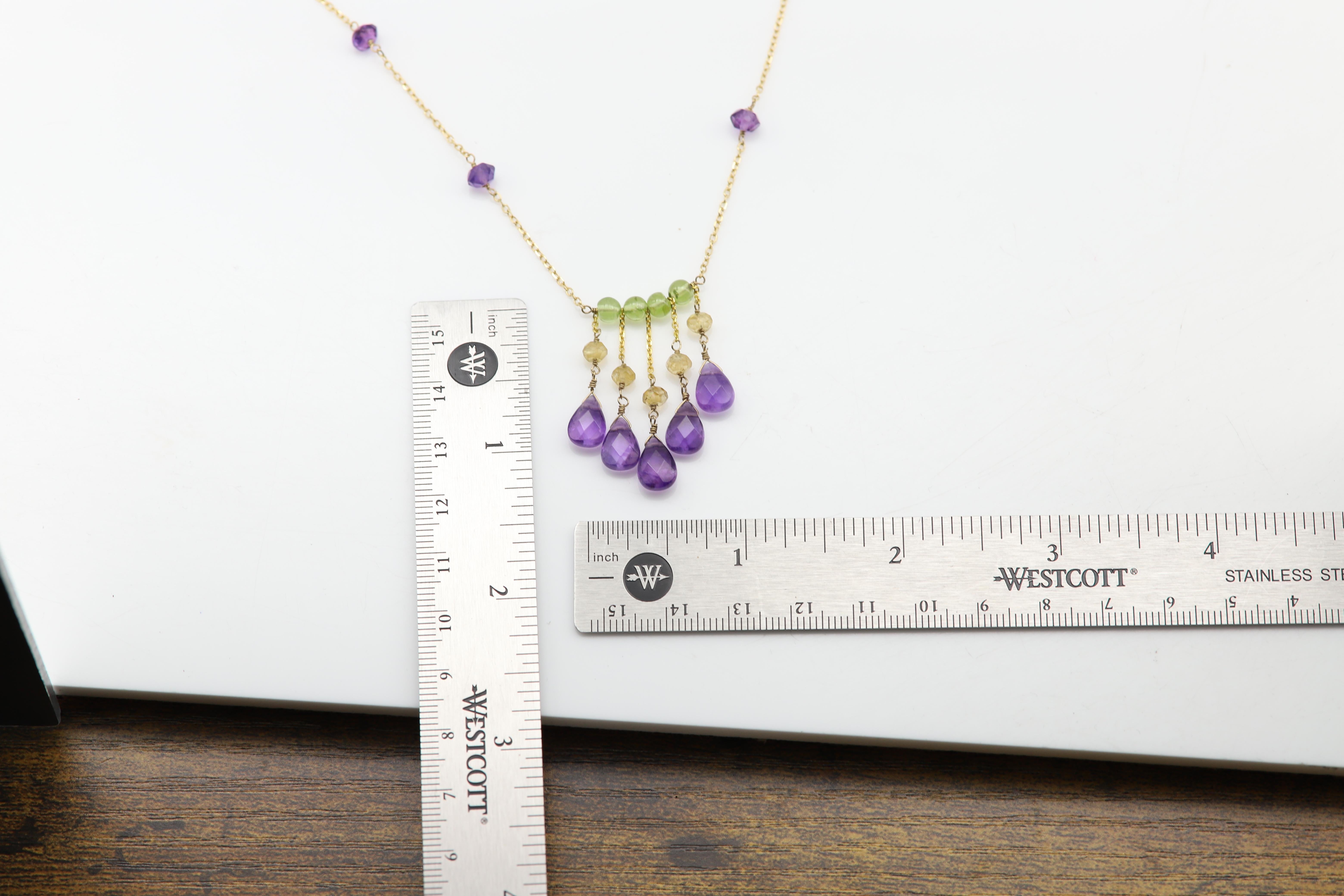 Collier de perles pendantes en or jaune 14 carats avec améthyste 001 en vente 3
