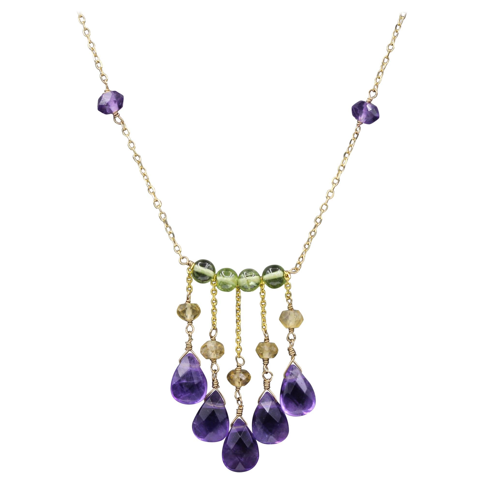 Amethyst Necklace 14k Yellow Gold Dangle Bead Necklace