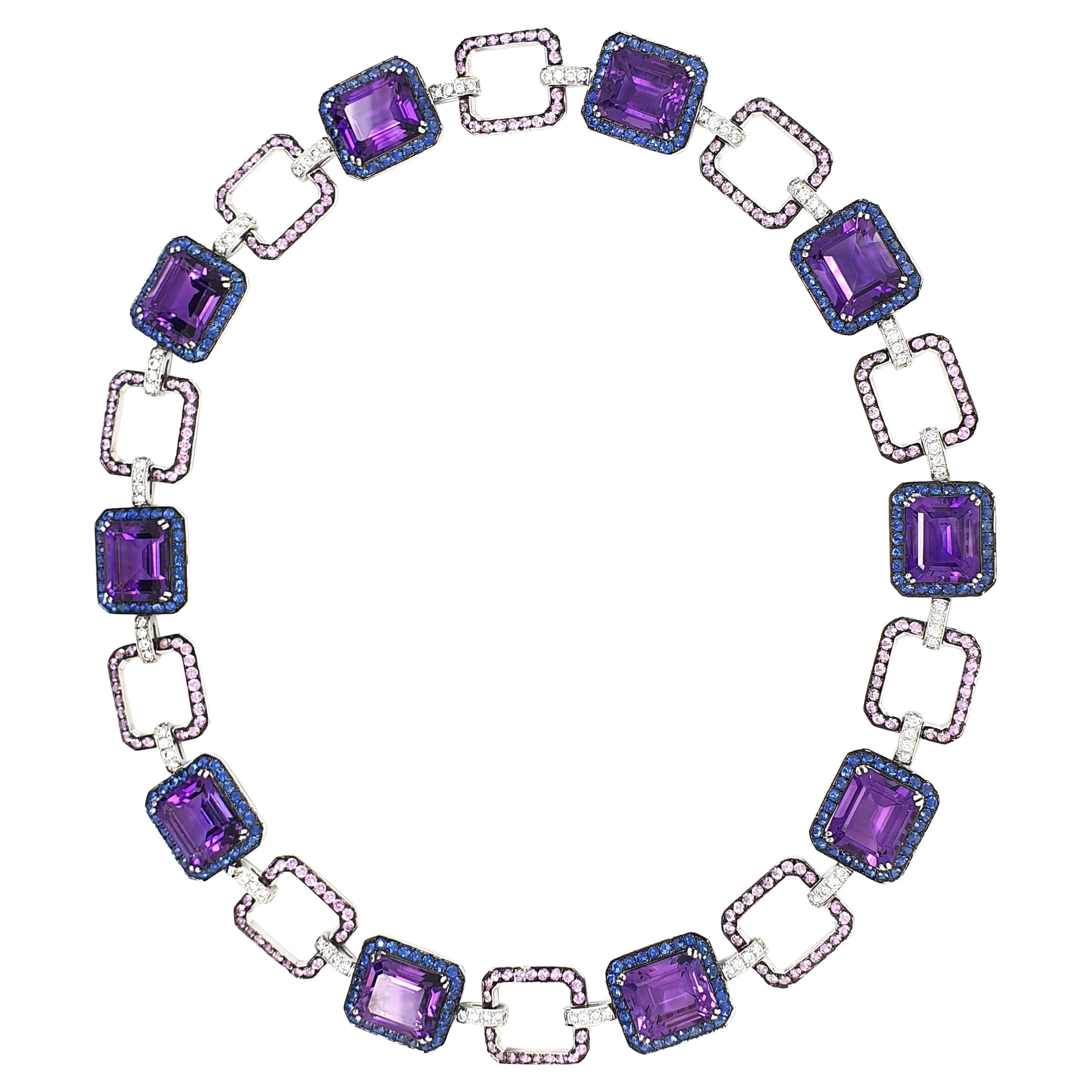 Amethyst Necklace, 54.41 Carat with Lilac Blue and Pink Corunds and Diamonds For Sale