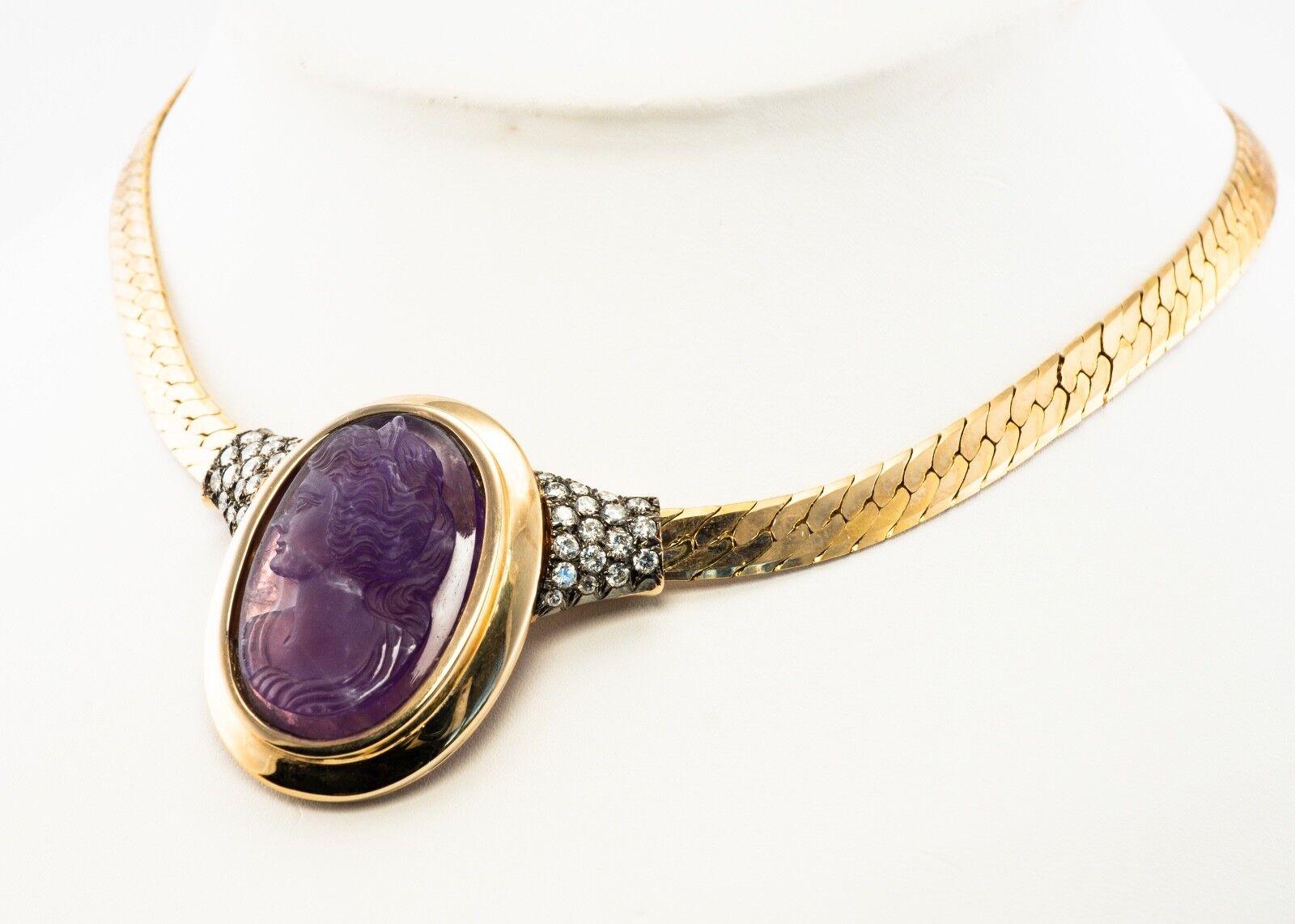 Amethyst Necklace Diamond Cameo Choker 14K Gold For Sale 3