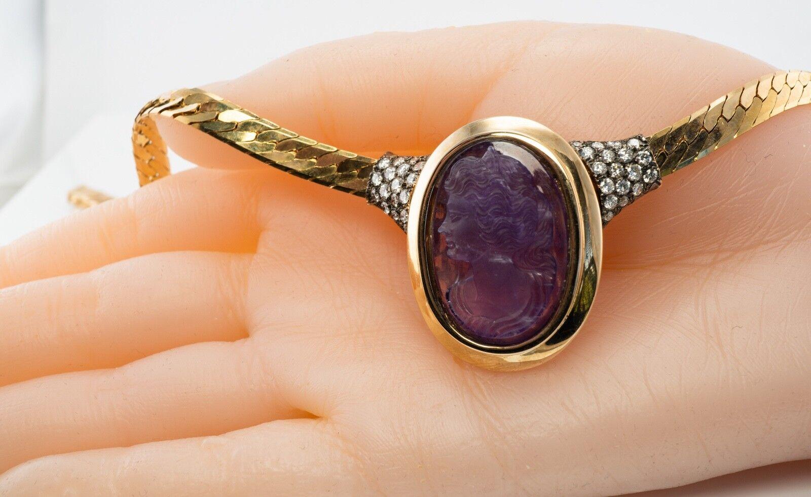 Amethyst Necklace Diamond Cameo Choker 14K Gold For Sale 4